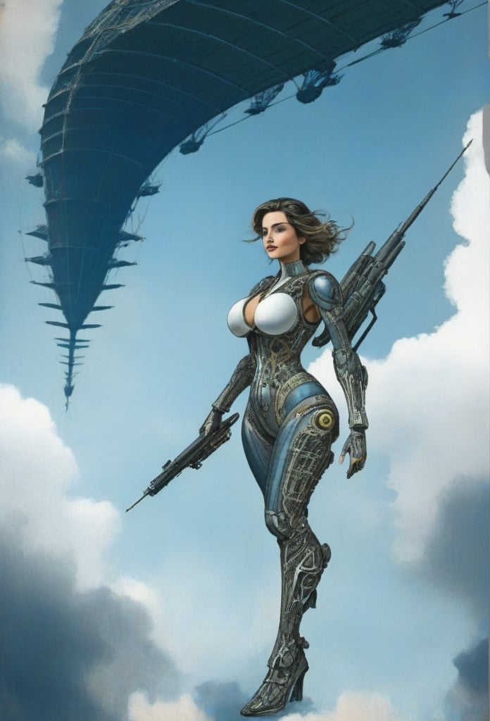 Voluptuous figure,  Ana De Armas, wearing a biomechenical suit, airships in the sky behind her, she is holding her weapons,  smiling,  Ukraine, jonnzack_art_style, jonnzack_art_style textures, jonnzack_art_style comic page layout, jonnzack_art_style colors, jonnzack_art_style ornate intricate designs, jonnzack_art_style biomechanical, heavenly creature, jonnzack_art_style textures