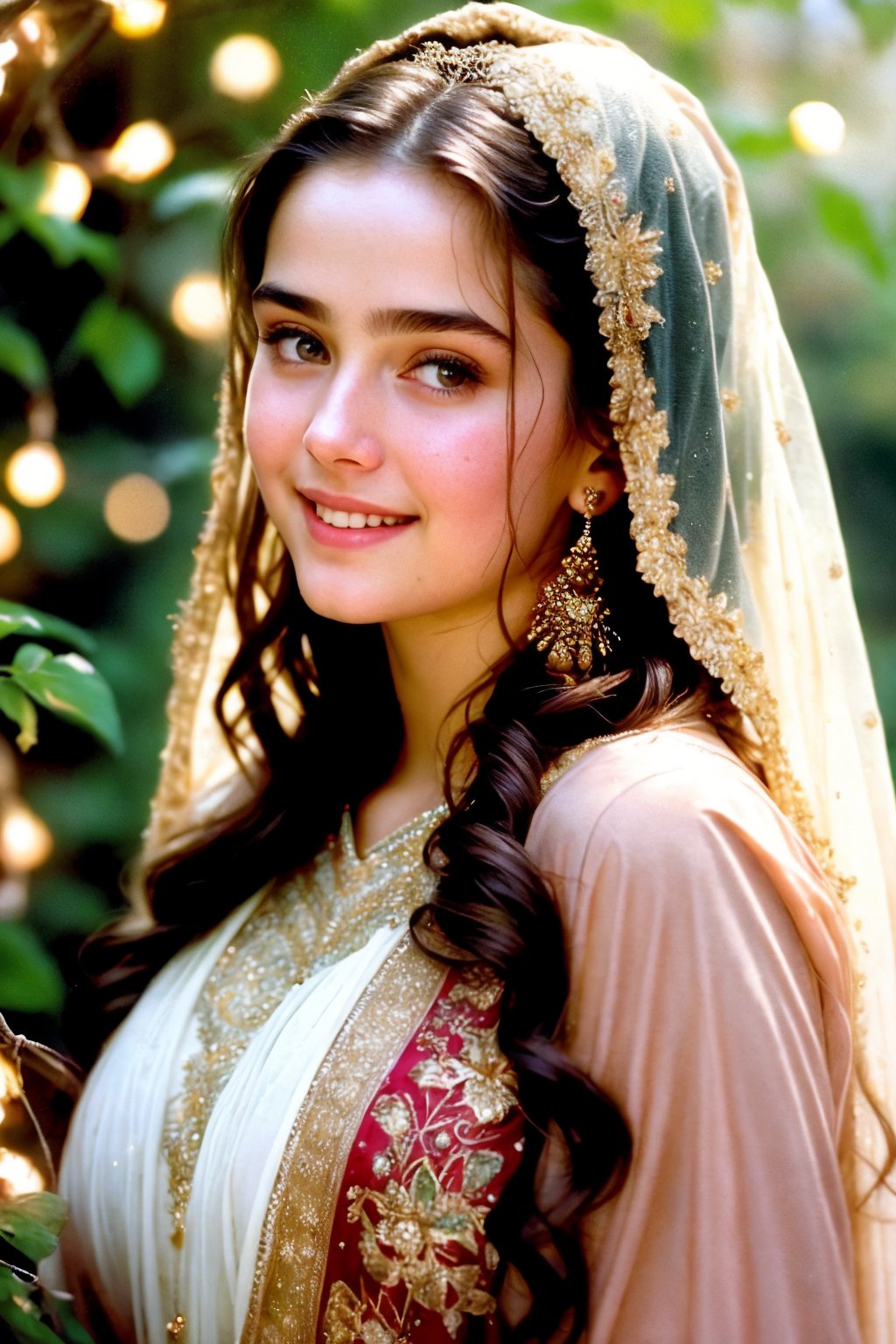 extreme closeup photo, , Raw, photorealistic, real, perfect skin, realistic photo of a 16-year-old girl with an extremely innocent face, divine eyes, resembling Jennifer Connelly and Ana de Armas, smooth hair, brown  tresses,   shy, embodying a gentle love goddess,   wearing full covered islamic blouse,  l in a garden, morning, cheerful, smiling, happy, surrounded by fairy lights, looking up, a phenomenal image of sharp, perfect quality,   captured in beautyniji style.,Photorealistic,Beautiful woman 