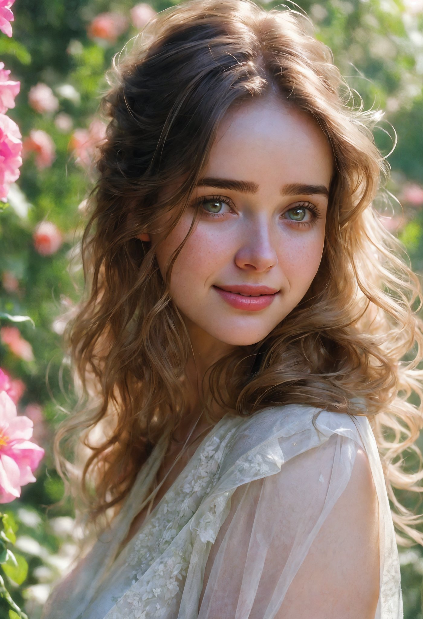  Raw, photorealistic, real, perfect skin, realistic photo of a 18-year-old girl with an extremely innocent face, divine eyes, resembling Jennifer Connelly and Ana de Armas, smooth hair, brown  tresses,   shy, embodying a gentle love goddess,   wearing full covered blouse,  l in a garden, morning, cheerful, smiling, happy, surrounded by flowers &  fairy lights, looking up, a phenomenal image of sharp, perfect quality,   captured in beautyniji style.,Photorealistic,Beautiful woman 