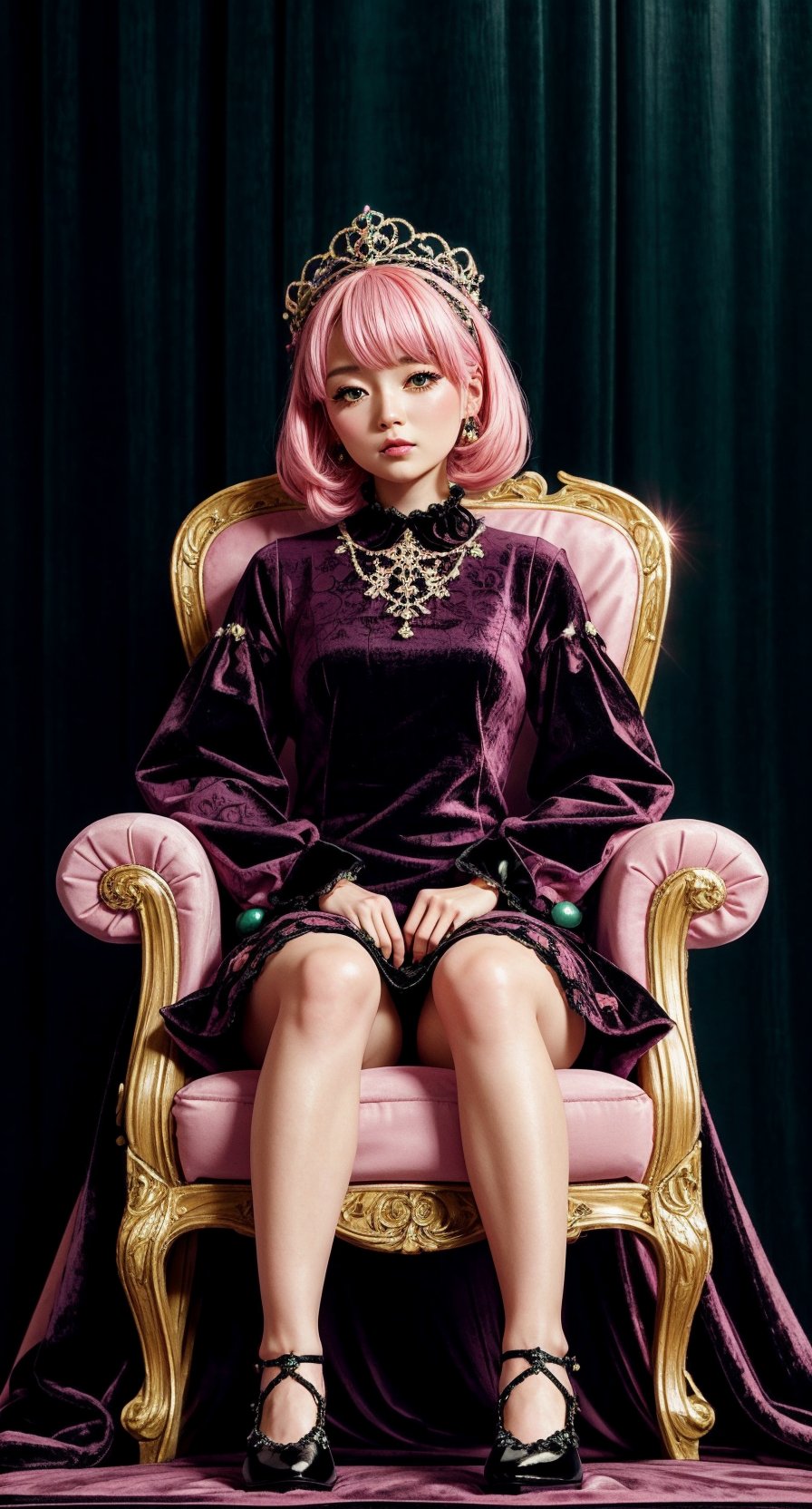 A kawaii lady, adorned with pastel pink accessories and a subtle gothic flair, sits elegantly on a velvet-covered throne. Soft, pink casts a warm glow, highlighting intricate on her pink black dress, while dark.,cartoon,green theme