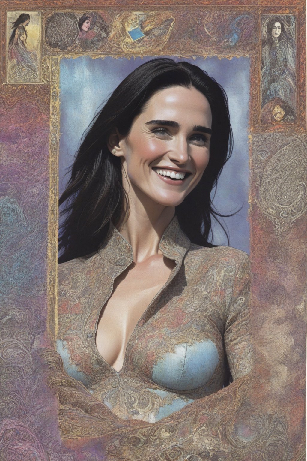 Voluptuous figure,  Jennifer connelly  smiling,  Ukraine, jonnzack_art_style, jonnzack_art_style textures, jonnzack_art_style comic page layout, jonnzack_art_style colors, jonnzack_art_style ornate intricate designs, jonnzack_art_style biomechanical, heavenly creature, jonnzack_art_style textures