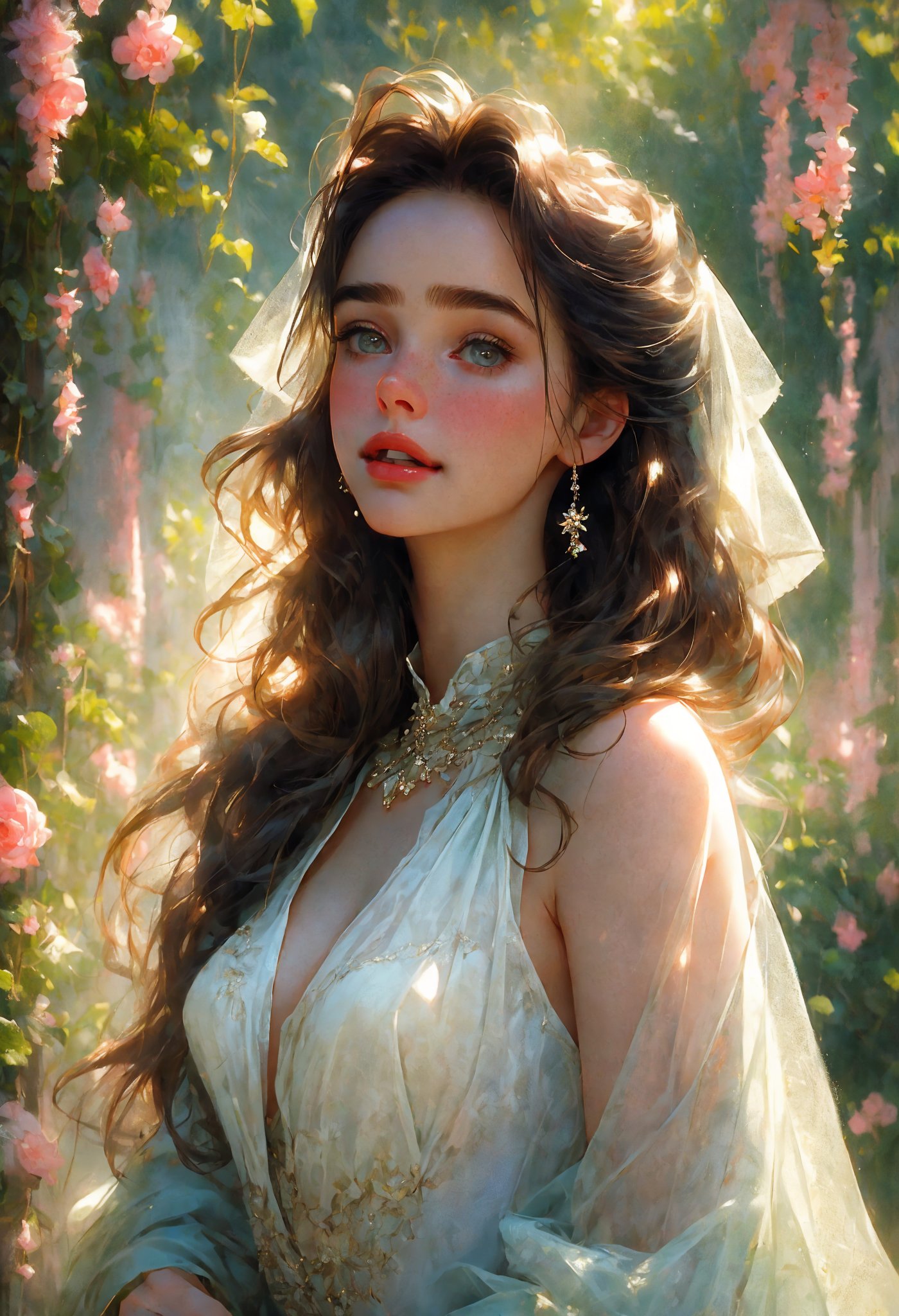  Raw, photorealistic, real, perfect skin, realistic photo of a 18-year-old girl with an extremely innocent face, divine eyes, resembling Jennifer Connelly and Ana de Armas, smooth hair, brown  tresses,   shy, embodying a gentle love goddess,   wearing full covered blouse,  l in a garden, morning, cheerful, smiling, happy, surrounded by flowers &  fairy lights, looking up, a phenomenal image of sharp, perfect quality,   captured in beautyniji style.,Photorealistic,Beautiful woman 