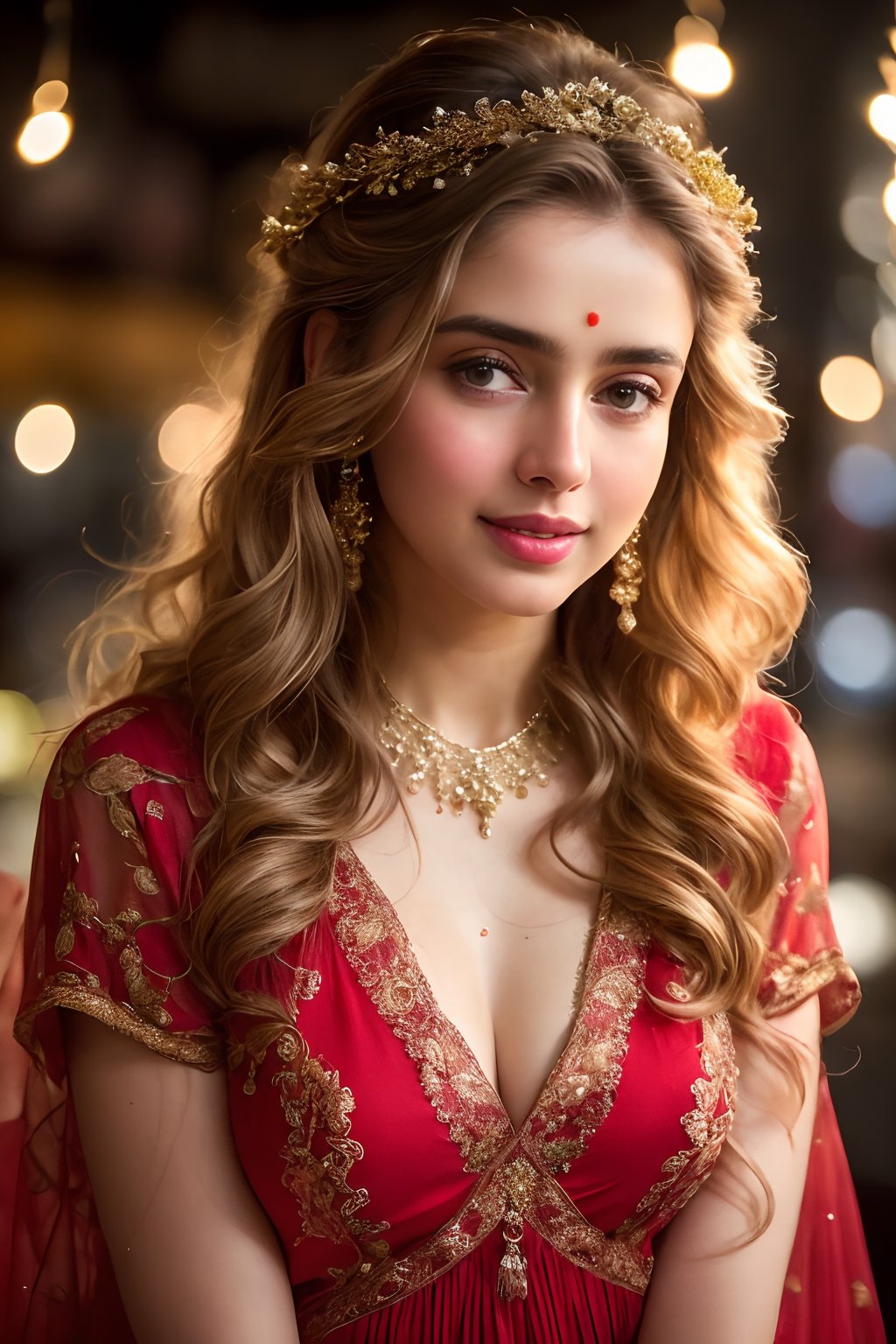 (((full body view:1.2))), stunningly beautiful "bollywood" (((extremely innocent face ))), wild hair, ((best quality)), ((masterpiece)), (detailed), ana de armas, highly detailed HDR photo, 8k quality, best quality, high resolution ultra photorealistic, high definition, highly detailed photo, photon mapping, dynamic angle, professional lighting, highly detailed face and body,expressive eyes, perfectly detailed face, smile, gorgeous face, real skin details, soft skin, looking at viewer, raw, photorealistic, real, perfect skin, real skin, realistic photo of a mid body shot, , extremely innocent face, very beautiful, cheerful, laughing, clever naughty smile, , she is wearing a loose red color gown, she smile like gentle love goddess, very long tresses, golden hair, brown hair, expressive face, divine eyes,, Wide-angle view of a pretty fashion model looking at the camera, expressing a complaint as if it's our fault, sad and thoughtful, sipping coffee in a dark, cozy coffee shop with rain outside, vibrant ambience, lively atmosphere, adorned with fairy lights and candles, captured in photorealistic detail with real skin textures, soft lighting, and presented as an absurdres masterpiece.