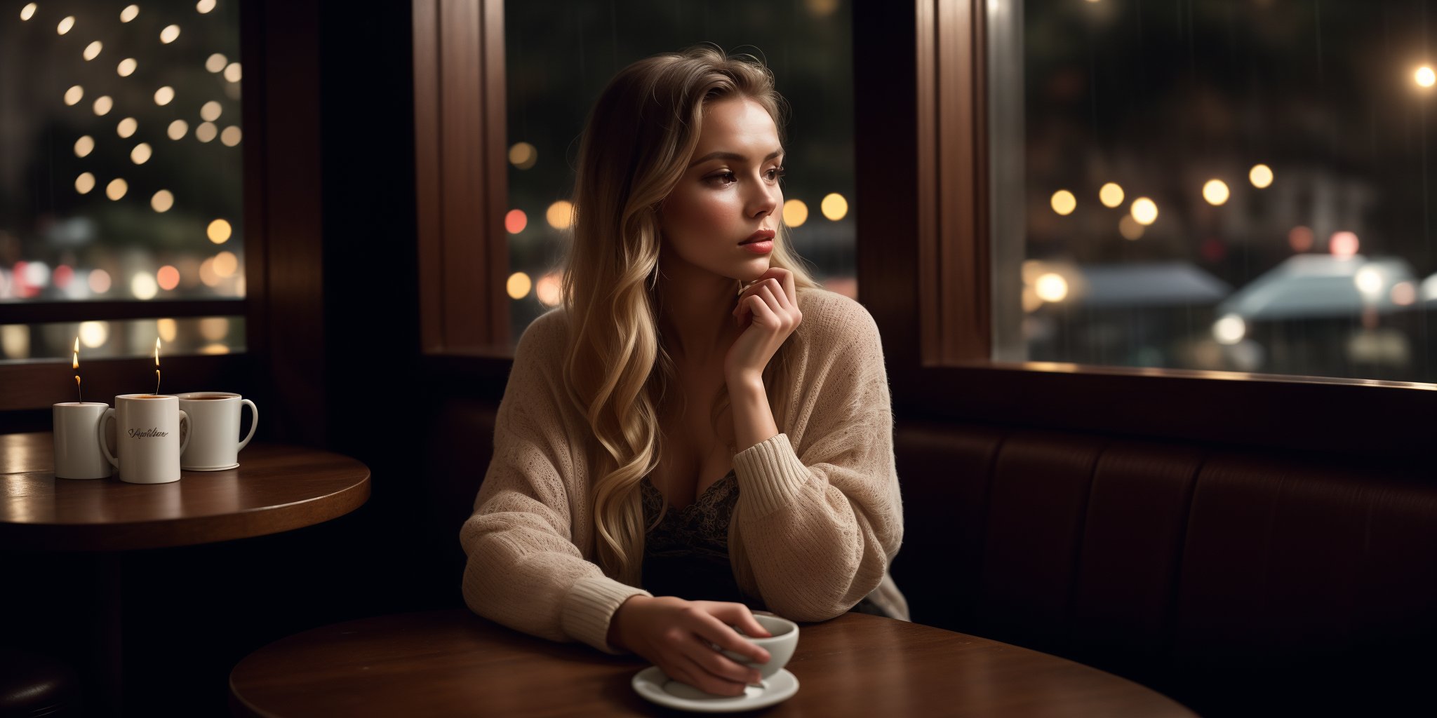 Wide-angle view of a pretty fashion model looking at the camera, expressing a complaint as if it's our fault, sad and thoughtful, sipping coffee in a dark, cozy coffee shop with rain outside, vibrant ambience, lively atmosphere, adorned with fairy lights and candles, captured in photorealistic detail with real skin textures, soft lighting, and presented as an absurdres masterpiece.