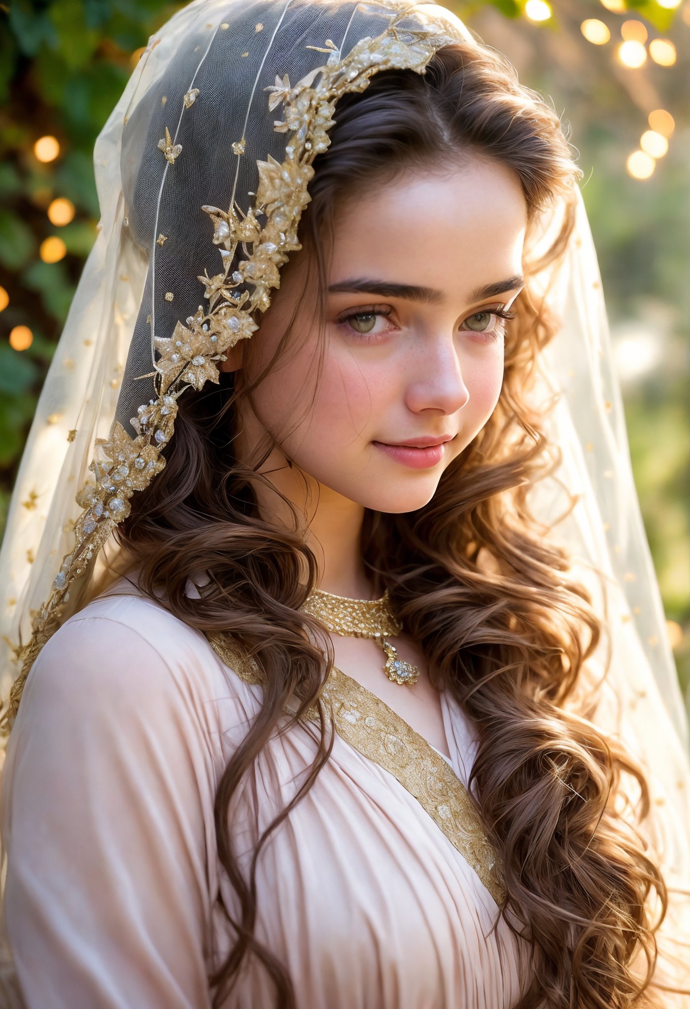  Raw, photorealistic, real, perfect skin, realistic photo of a 16-year-old girl with an extremely innocent face, divine eyes, resembling Jennifer Connelly and Ana de Armas, smooth hair, brown  tresses,   shy, embodying a gentle love goddess,   wearing full covered islamic blouse,  l in a garden, morning, cheerful, smiling, happy, surrounded by fairy lights, looking up, a phenomenal image of sharp, perfect quality,   captured in beautyniji style.,Photorealistic,Beautiful woman 