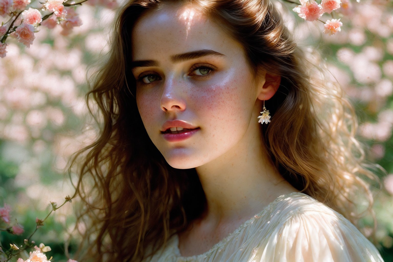  Raw, photorealistic, real, perfect skin, realistic photo of a 18-year-old girl with an extremely innocent face, divine eyes, resembling Jennifer Connelly and Ana de Armas, smooth hair, brown  tresses,   shy, embodying a gentle love goddess,   wearing full covered blouse,  l in a garden, morning, cheerful, smiling, happy, surrounded by flowers &  fairy lights, looking up, a phenomenal image of sharp, perfect quality,   captured in beautyniji style.,Photorealistic,Beautiful woman,s_light,intense light,dramatic shadows