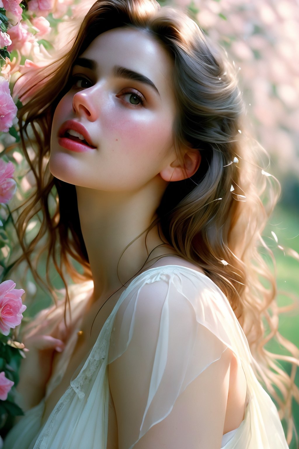  Raw, photorealistic, real, perfect skin, realistic photo of a 18-year-old girl with an extremely innocent face, divine eyes, resembling Jennifer Connelly and Ana de Armas, smooth hair, brown  tresses,   shy, embodying a gentle love goddess,   wearing full covered christian blouse,  l in a garden, morning, cheerful, smiling, happy, surrounded by flowers &  fairy lights, looking up, a phenomenal image of sharp, perfect quality,   captured in beautyniji style.,Photorealistic,Beautiful woman,s_light,intense light,dramatic shadows