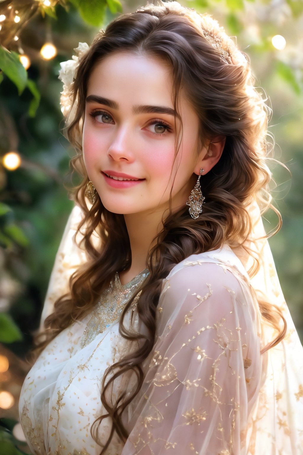 extreme closeup photo, , Raw, photorealistic, real, perfect skin, realistic photo of a 16-year-old girl with an extremely innocent face, divine eyes, resembling Jennifer Connelly and Ana de Armas, smooth hair, brown  tresses,   shy, embodying a gentle love goddess,   wearing full covered  blouse,  l in a garden, morning, cheerful, smiling, happy, surrounded by fairy lights, looking up, a phenomenal image of sharp, perfect quality,   captured in beautyniji style.,Photorealistic,Beautiful woman 