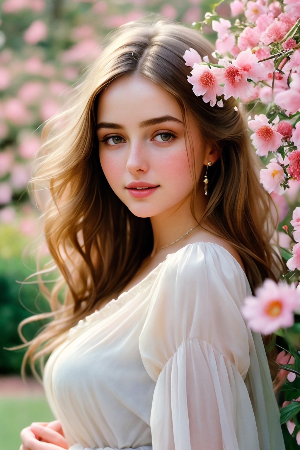  Raw, photorealistic, real, perfect skin, realistic photo of a 18-year-old girl with an extremely innocent face, divine eyes, resembling  Ana de Armas, smooth hair, brown  tresses,   shy, embodying a gentle love goddess,   wearing full covered christian blouse,  l in a garden, morning, cheerful, smiling, happy, surrounded by flowers &  fairy lights, looking up, a phenomenal image of sharp, perfect quality,   captured in beautyniji style.,Photorealistic,Beautiful woman,s_light, 