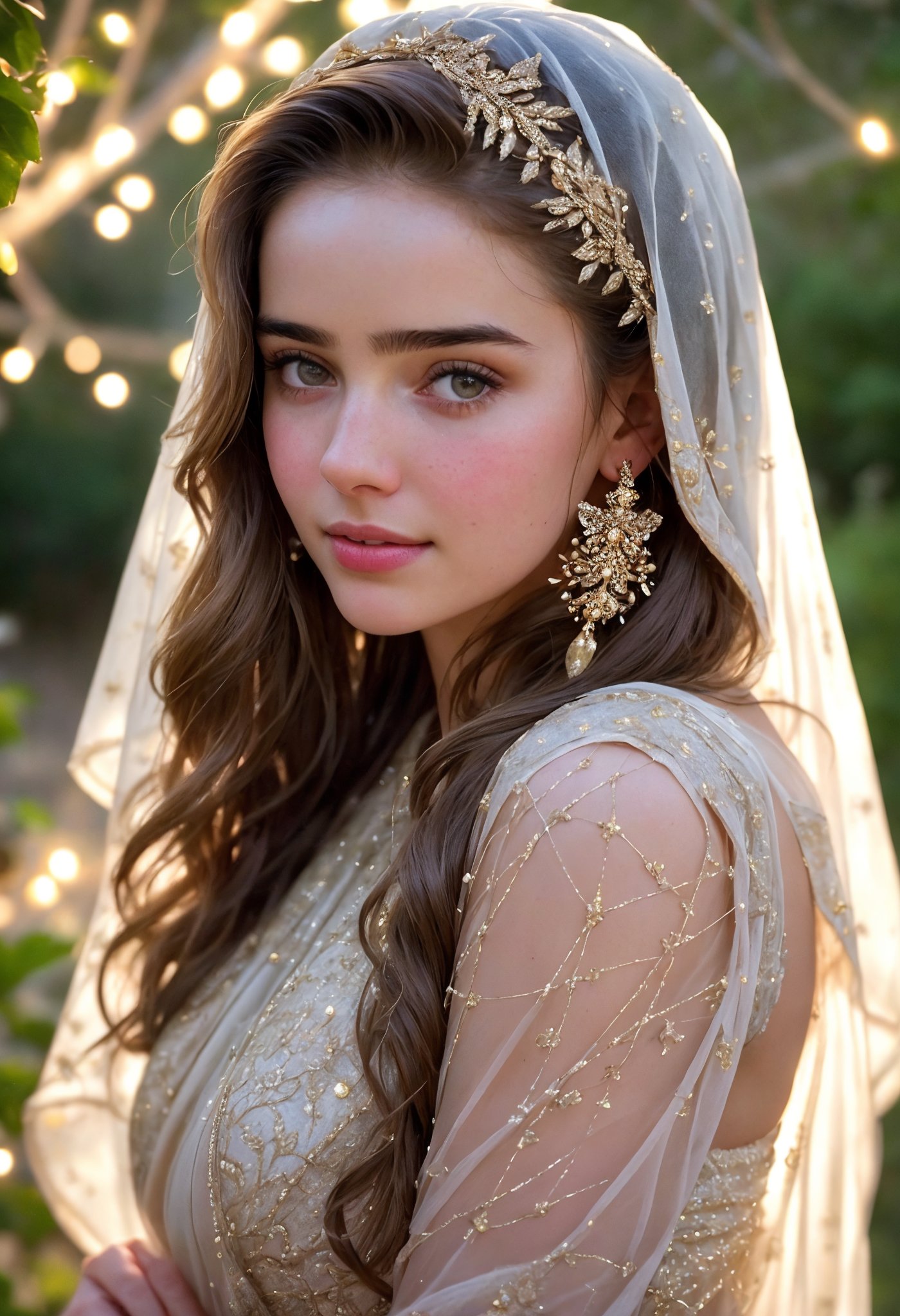  Raw, photorealistic, real, perfect skin, realistic photo of a 16-year-old girl with an extremely innocent face, divine eyes, resembling Jennifer Connelly and Ana de Armas, smooth hair, brown  tresses,   shy, embodying a gentle love goddess,   wearing full covered islamic blouse,  l in a garden, morning, cheerful, smiling, happy, surrounded by fairy lights, looking up, a phenomenal image of sharp, perfect quality,   captured in beautyniji style.,Photorealistic,Beautiful woman 