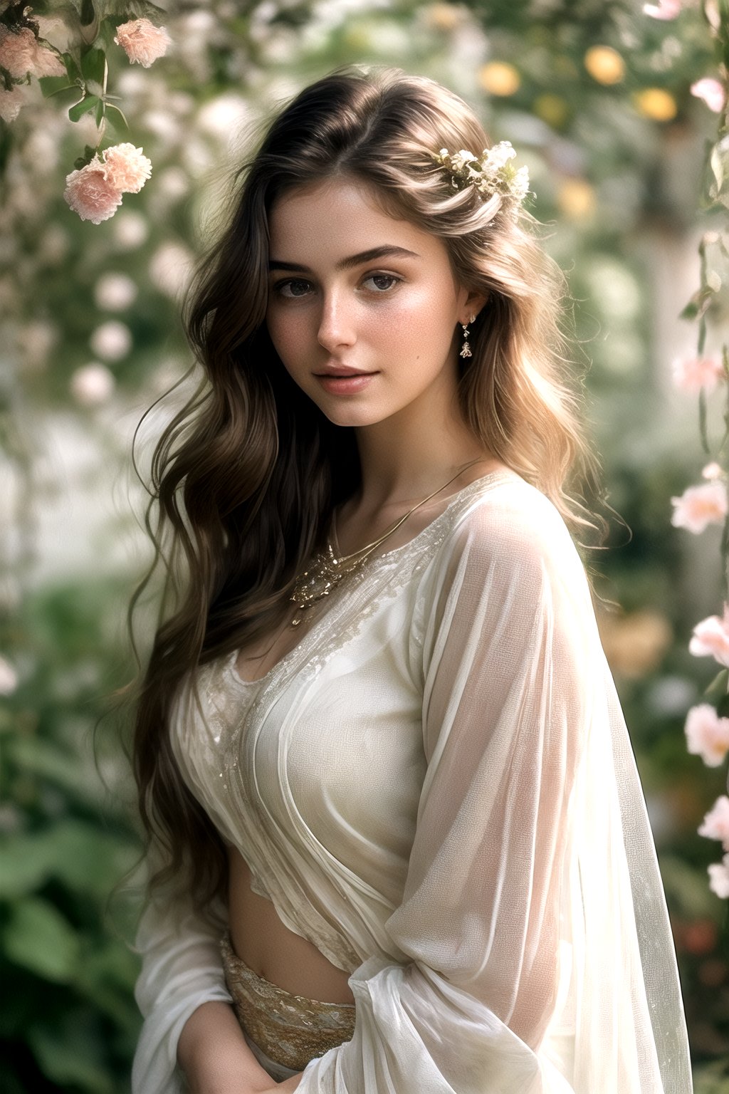  Raw, photorealistic, real, perfect skin, realistic photo of a 18-year-old girl with an extremely innocent face, divine eyes, resembling  Ana de Armas, smooth hair, brown  tresses,   shy, embodying a gentle love goddess,   wearing full covered indian blouse,   in a garden, morning, cheerful, smiling, happy, surrounded by flowers &  fairy lights, looking up, a phenomenal image of sharp, perfect quality,   captured in beautyniji style.,Photorealistic, Beautiful woman,s_light, soft light from top