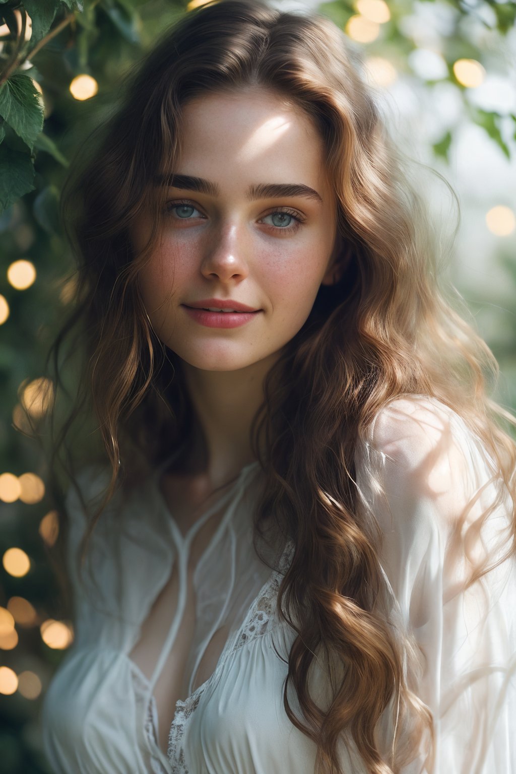 extreme closeup photo, , Raw, photorealistic, real, perfect skin, realistic photo of a 16-year-old girl with an extremely innocent face, divine eyes, resembling Jennifer Connelly and Ana de Armas, smooth hair, brown  tresses,   shy, embodying a gentle love goddess,   wearing full covered  blouse,  l in a garden, morning, cheerful, smiling, happy, surrounded by fairy lights, looking up, a phenomenal image of sharp, perfect quality,   captured in beautyniji style.,Photorealistic,Beautiful woman 