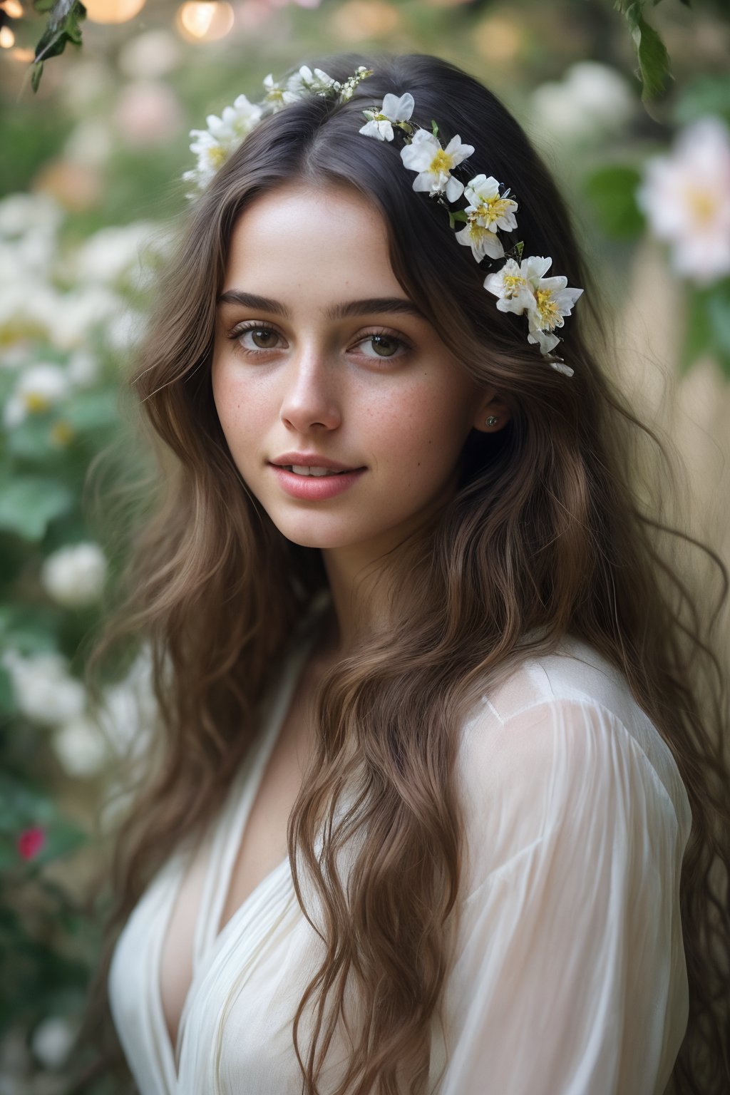  Raw, photorealistic, real, perfect skin, realistic photo of a 18-year-old girl with an extremely innocent face, divine eyes, resembling  Ana de Armas, smooth hair, brown  tresses,   shy, embodying a gentle love goddess,   wearing full covered indian blouse,   in a garden, morning, cheerful, smiling, happy, surrounded by flowers &  fairy lights, looking up, a phenomenal image of sharp, perfect quality,   captured in beautyniji style.,Photorealistic, Beautiful woman,s_light, soft light from top