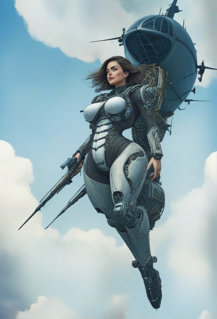 Voluptuous figure,  Ana De Armas, wearing a biomechenical suit, airships in the sky behind her, she is holding her weapons,  smiling,  Ukraine, jonnzack_art_style, jonnzack_art_style textures, jonnzack_art_style comic page layout, jonnzack_art_style colors, jonnzack_art_style ornate intricate designs, jonnzack_art_style biomechanical, heavenly creature, jonnzack_art_style textures