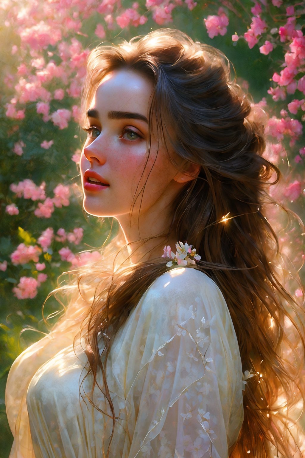  Raw, photorealistic, real, perfect skin, realistic photo of a 18-year-old girl with an extremely innocent face, divine eyes, resembling Jennifer Connelly and Ana de Armas, smooth hair, brown  tresses,   shy, embodying a gentle love goddess,   wearing full covered blouse,  l in a garden, morning, cheerful, smiling, happy, surrounded by flowers &  fairy lights, looking up, a phenomenal image of sharp, perfect quality,   captured in beautyniji style.,Photorealistic,Beautiful woman,s_light,intense light,dramatic shadows