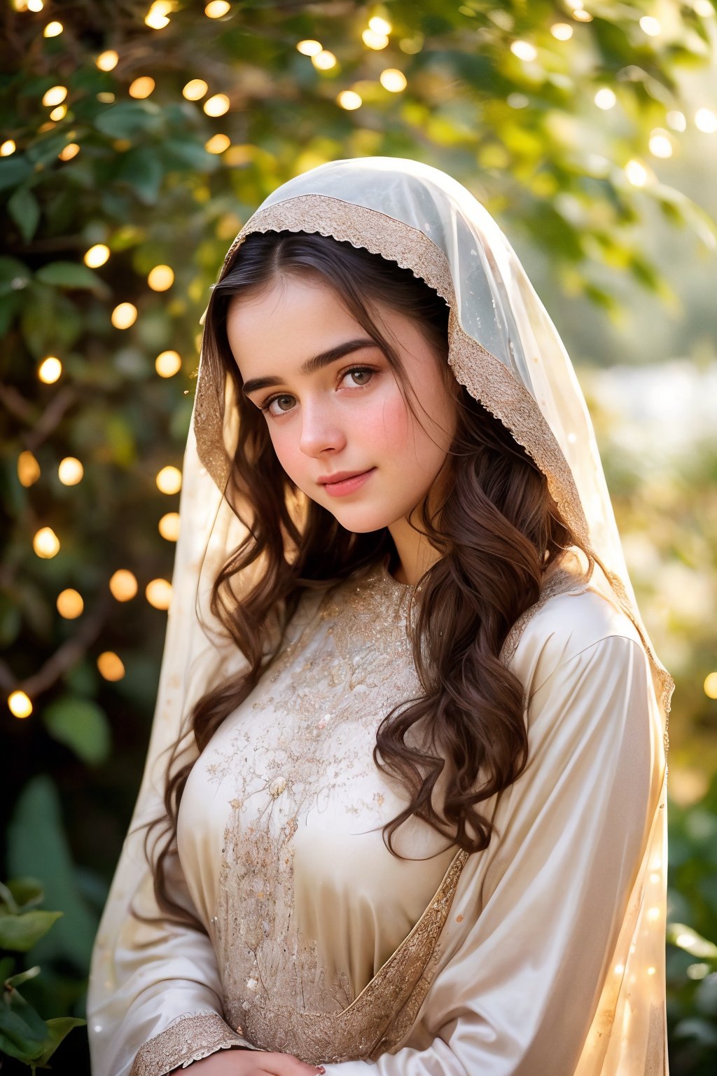  Raw, photorealistic, real, perfect skin, realistic photo of a 16-year-old girl with an extremely innocent face, divine eyes, resembling Jennifer Connelly and Ana de Armas, smooth hair, brown  tresses,   shy, embodying a gentle love goddess,   wearing full covered islamic blouse,  l in a garden, morning, cheerful, smiling, happy, surrounded by fairy lights, looking up, a phenomenal image of sharp, perfect quality,   captured in beautyniji style.,Photorealistic,Beautiful woman 