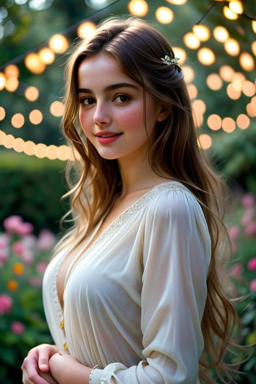  Raw, photorealistic, real, perfect skin, realistic photo of a 18-year-old girl with an extremely innocent face, divine eyes, resembling  Ana de Armas, smooth hair, brown  tresses,   shy, embodying a gentle love goddess,   wearing full covered christian blouse,  l in a garden, morning, cheerful, smiling, happy, surrounded by flowers &  fairy lights, looking up, a phenomenal image of sharp, perfect quality,   captured in beautyniji style.,Photorealistic,Beautiful woman,s_light,intense light,dramatic shadows