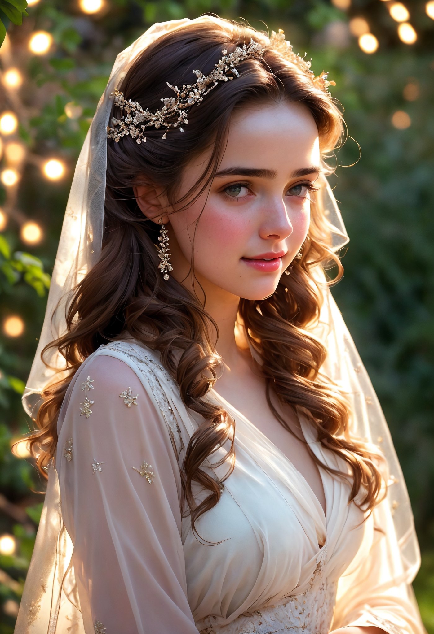  Raw, photorealistic, real, perfect skin, realistic photo of a 16-year-old girl with an extremely innocent face, divine eyes, resembling Jennifer Connelly and Ana de Armas, smooth hair, brown  tresses,   shy, embodying a gentle love goddess,   wearing full covered blouse,  l in a garden, morning, cheerful, smiling, happy, surrounded by fairy lights, looking up, a phenomenal image of sharp, perfect quality,   captured in beautyniji style.,Photorealistic,Beautiful woman 