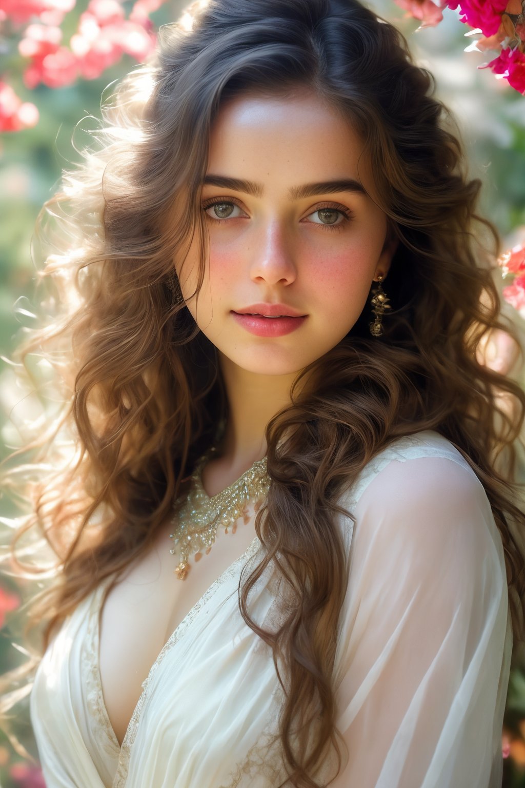  Raw, photorealistic, real, perfect skin, realistic photo of a 18-year-old girl with an extremely innocent face, divine eyes, resembling  Ana de Armas, smooth hair, brown  tresses,   shy, embodying a gentle love goddess,   wearing full covered indian blouse,   in a garden, morning, cheerful, smiling, happy, surrounded by flowers &  fairy lights, looking up, a phenomenal image of sharp, perfect quality,   captured in beautyniji style.,Photorealistic, Beautiful woman,s_light, soft light from top