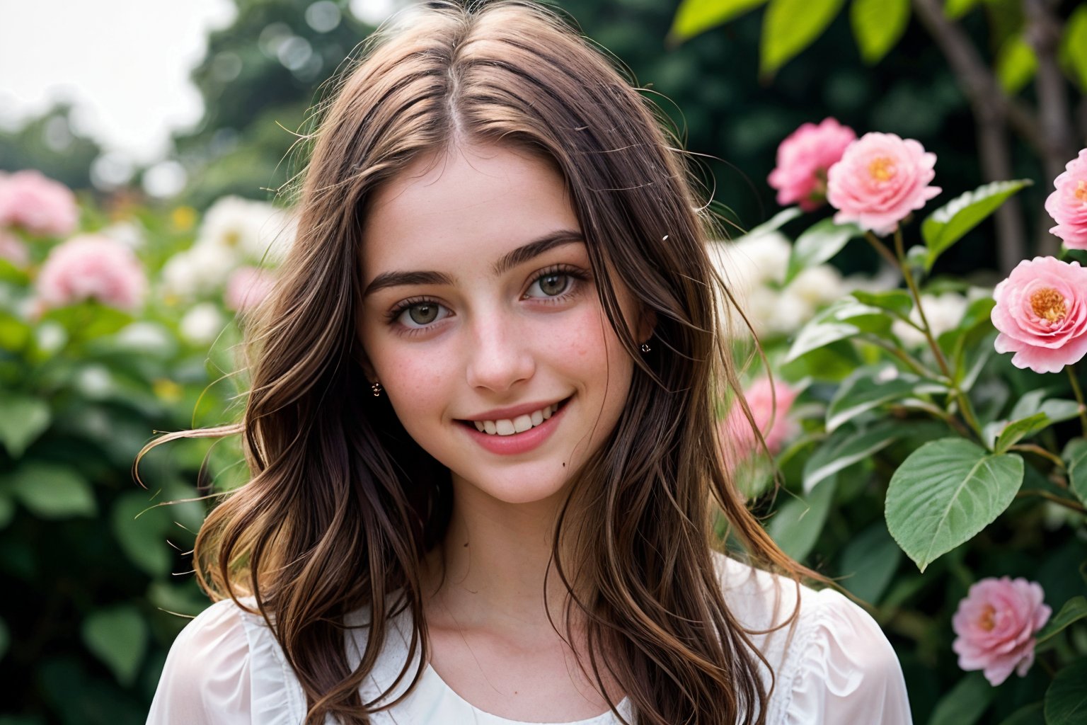  Raw, photorealistic, real, perfect skin, realistic photo of a 18-year-old girl with an extremely innocent face, divine eyes, resembling  Ana de Armas, smooth hair, brown  tresses,   shy, embodying a gentle love goddess,   wearing full covered christian blouse,  l in a garden, morning, cheerful, smiling, happy, surrounded by flowers &  fairy lights, looking up, a phenomenal image of sharp, perfect quality,   captured in beautyniji style.,Photorealistic,Beautiful woman,s_light, 