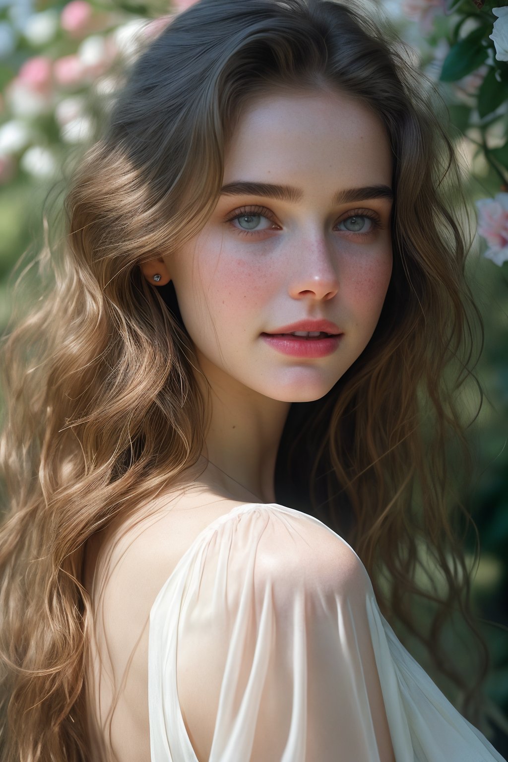   Raw, photorealistic, real, perfect skin, realistic photo of a 18-year-old girl with an extremely innocent face, divine eyes, resembling Jennifer Connelly and Ana de Armas, smooth hair, brown  tresses,   shy, embodying a gentle love goddess,   wearing full covered  blouse,  l in a garden, morning, cheerful, smiling, happy, surrounded by flowers & fairy lights, looking up, a phenomenal image of sharp, perfect quality,   captured in beautyniji style.,Photorealistic,Beautiful woman 