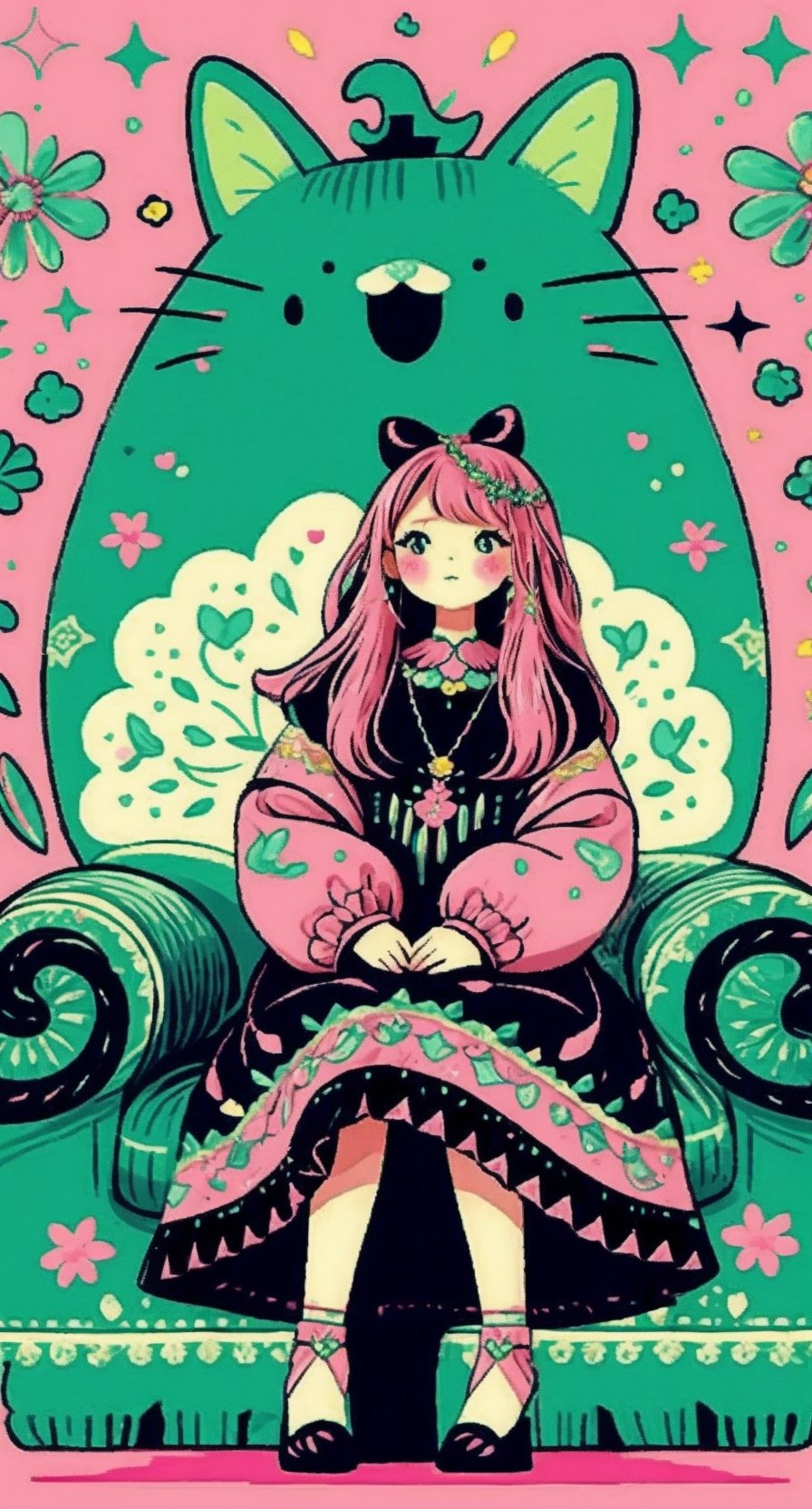 A kawaii lady, adorned with pastel pink accessories and a subtle gothic flair, sits elegantly on a velvet-covered throne. Soft, pink casts a warm glow, highlighting intricate on her pink black dress, while dark.,cartoon,green theme