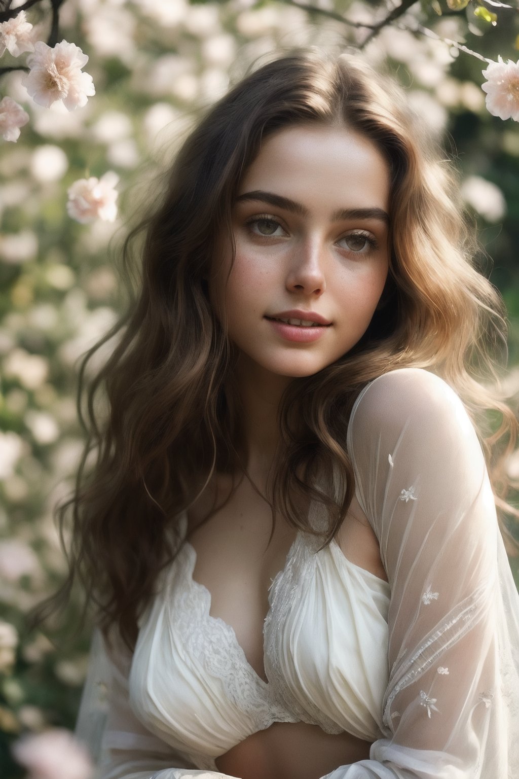  Raw, photorealistic, real, perfect skin, realistic photo of a 18-year-old girl with an extremely innocent face, divine eyes, resembling  Ana de Armas, smooth hair, brown  tresses,   shy, embodying a gentle love goddess,   wearing full covered indian blouse,   in a garden, morning, cheerful, smiling, happy, surrounded by flowers &  fairy lights, looking up, a phenomenal image of sharp, perfect quality,   captured in beautyniji style.,Photorealistic, Beautiful woman,s_light, soft light from top