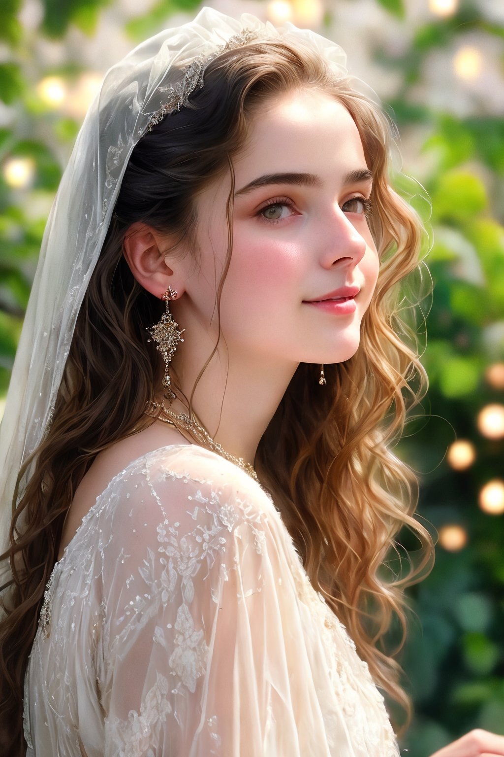   Raw, photorealistic, real, perfect skin, realistic photo of a 16-year-old girl with an extremely innocent face, divine eyes, resembling Jennifer Connelly and Ana de Armas, smooth hair, brown  tresses,   shy, embodying a gentle love goddess,   wearing full covered  blouse,  l in a garden, morning, cheerful, smiling, happy, surrounded by fairy lights, looking up, a phenomenal image of sharp, perfect quality,   captured in beautyniji style.,Photorealistic,Beautiful woman 