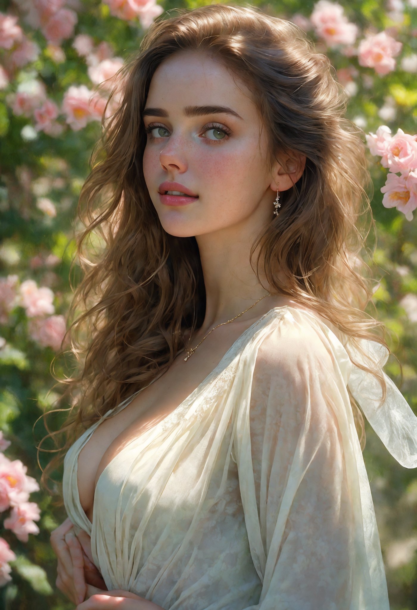  Raw, photorealistic, real, perfect skin, realistic photo of a 18-year-old girl with an extremely innocent face, divine eyes, resembling Jennifer Connelly and Ana de Armas, smooth hair, brown  tresses,   shy, embodying a gentle love goddess,   wearing full covered blouse,  l in a garden, morning, cheerful, smiling, happy, surrounded by flowers &  fairy lights, looking up, a phenomenal image of sharp, perfect quality,   captured in beautyniji style.,Photorealistic,Beautiful woman 