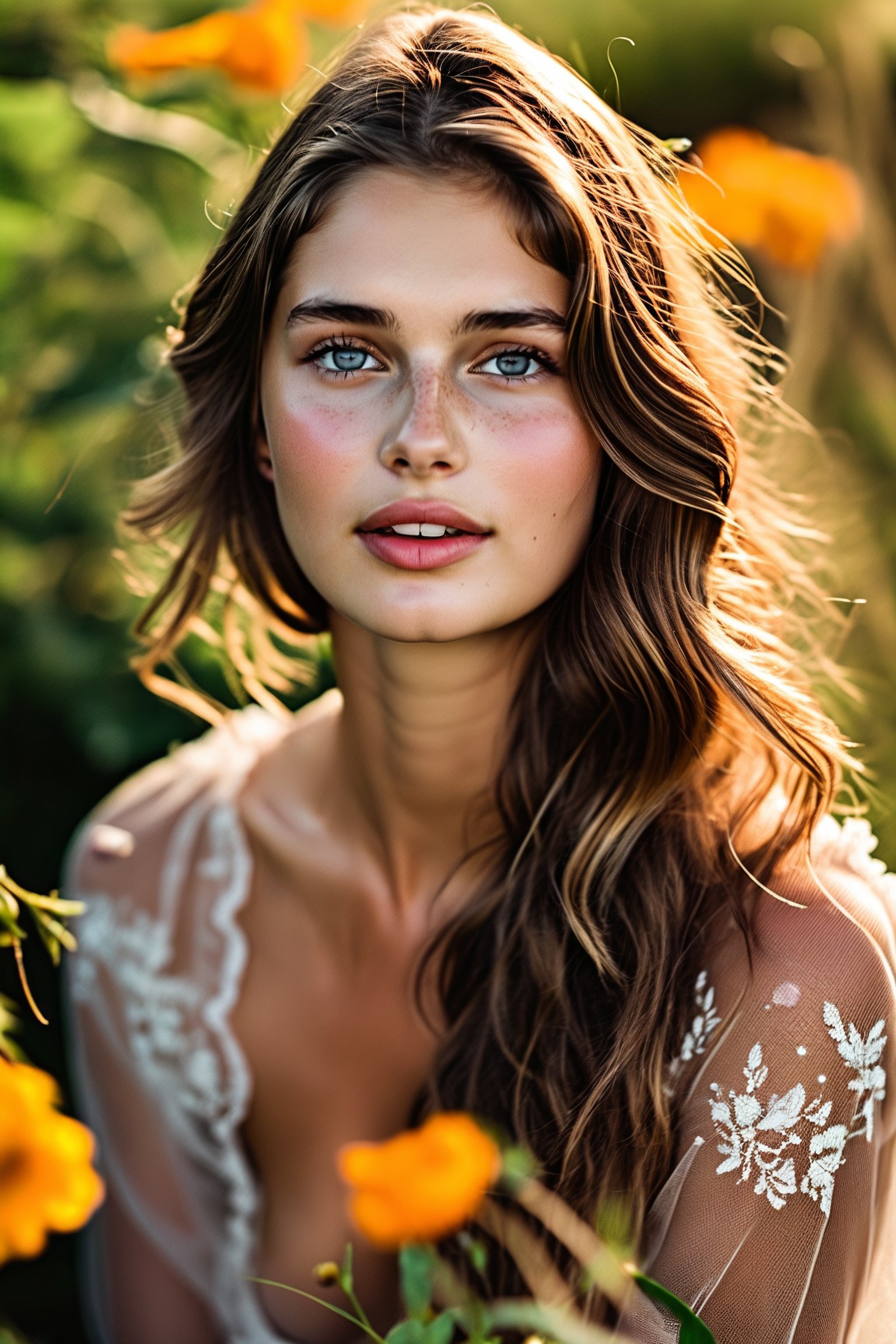  Raw, photorealistic, real, perfect skin, realistic photo of a 18-year-old girl with an extremely innocent face, divine eyes, resembling  Ana de Armas, smooth hair, brown  tresses,   shy, embodying a gentle love goddess,   wearing full covered christian blouse,  l in a garden, morning, cheerful, smiling, happy, surrounded by flowers &  fairy lights, looking up, a phenomenal image of sharp, perfect quality,   captured in beautyniji style.,Photorealistic,Beautiful woman,s_light,intense light,dramatic shadows