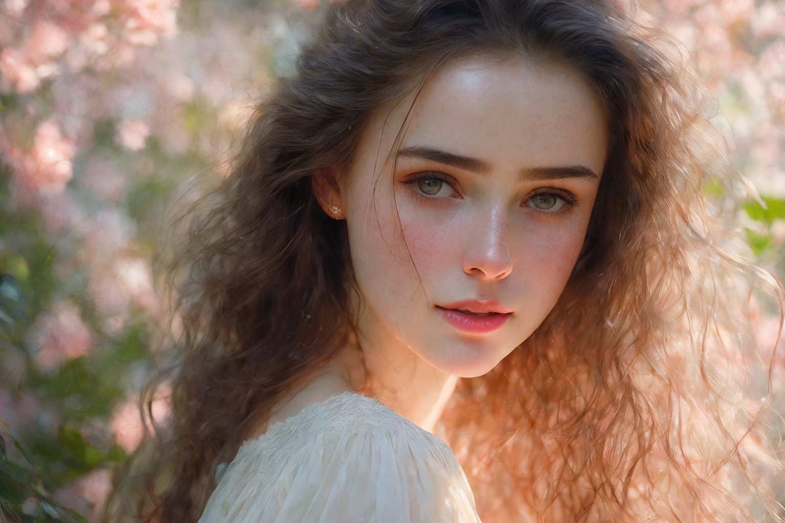  Raw, photorealistic, real, perfect skin, realistic photo of a 18-year-old girl with an extremely innocent face, divine eyes, resembling Jennifer Connelly and Ana de Armas, smooth hair, brown  tresses,   shy, embodying a gentle love goddess,   wearing full covered blouse,  l in a garden, morning, cheerful, smiling, happy, surrounded by flowers &  fairy lights, looking up, a phenomenal image of sharp, perfect quality,   captured in beautyniji style.,Photorealistic,Beautiful woman,s_light,intense light,dramatic shadows