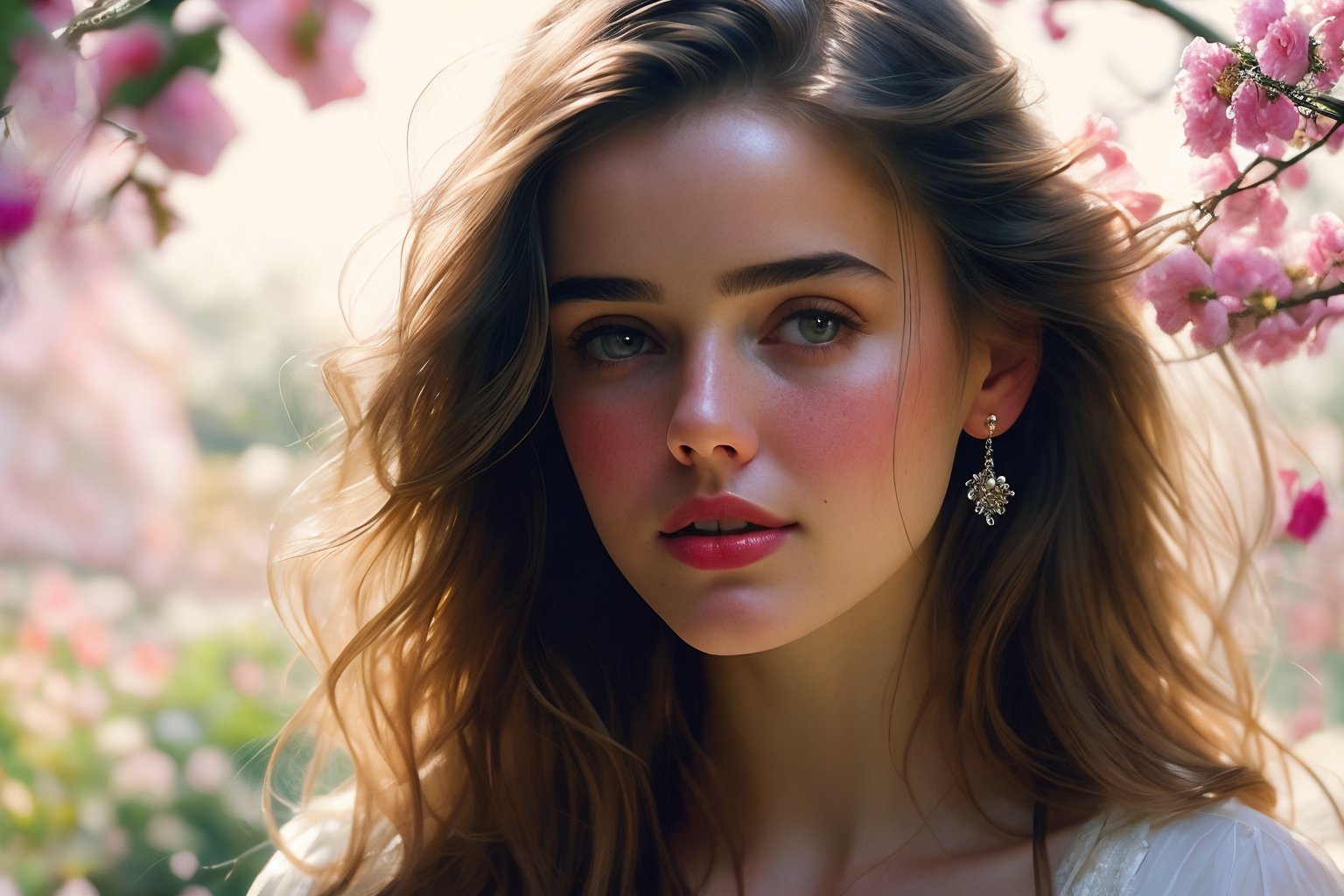  Raw, photorealistic, real, perfect skin, realistic photo of a 18-year-old girl with an extremely innocent face, divine eyes, resembling Jennifer Connelly and Ana de Armas, smooth hair, brown  tresses,   shy, embodying a gentle love goddess,   wearing full covered christian blouse,  l in a garden, morning, cheerful, smiling, happy, surrounded by flowers &  fairy lights, looking up, a phenomenal image of sharp, perfect quality,   captured in beautyniji style.,Photorealistic,Beautiful woman,s_light,intense light,dramatic shadows