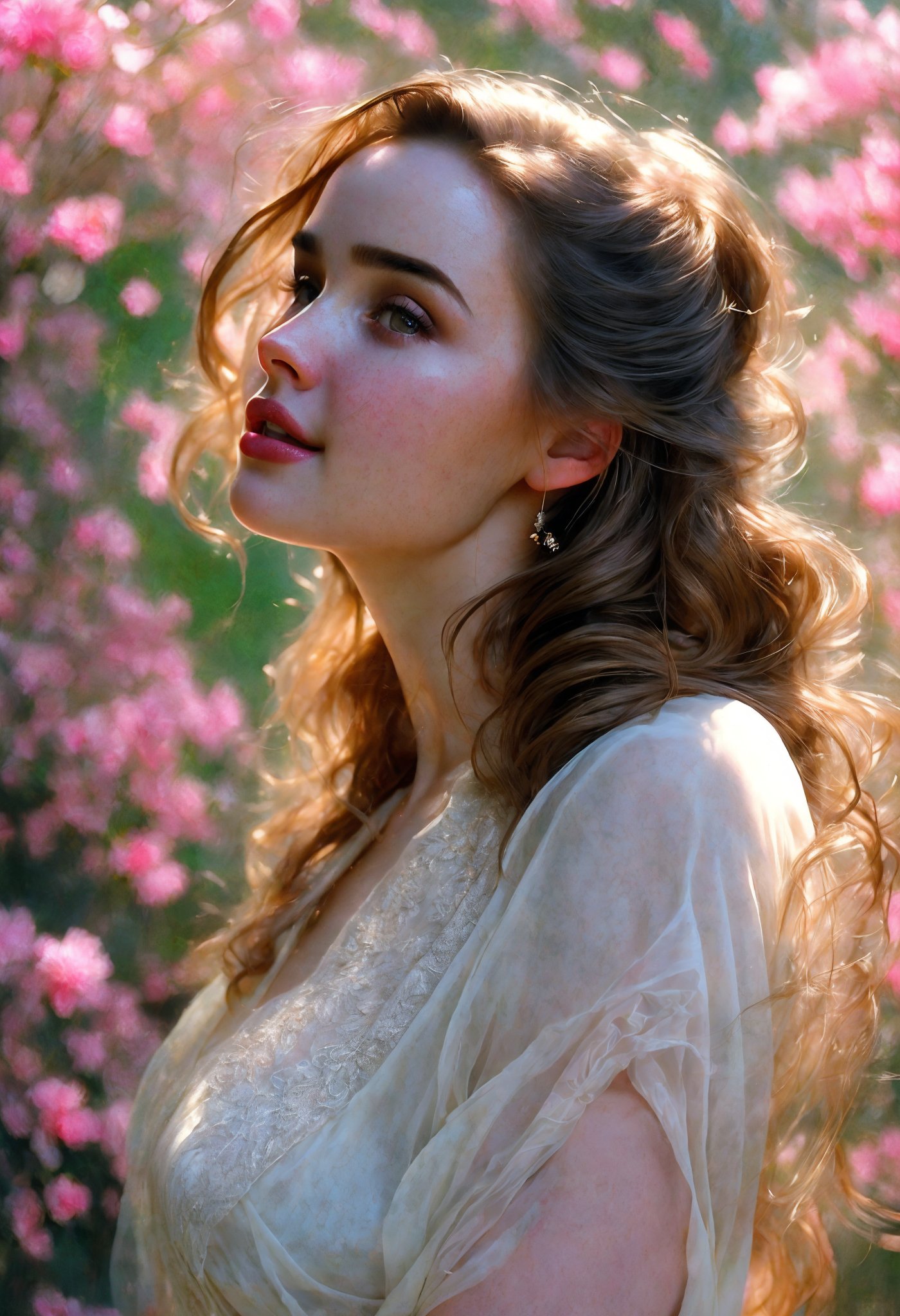  Raw, photorealistic, real, perfect skin, realistic photo of a 18-year-old girl with an extremely innocent face, divine eyes, resembling Jennifer Connelly and Ana de Armas, smooth hair, brown  tresses,   shy, embodying a gentle love goddess,   wearing full covered blouse,  l in a garden, morning, cheerful, smiling, happy, surrounded by flowers &  fairy lights, looking up, a phenomenal image of sharp, perfect quality,   captured in beautyniji style.,Photorealistic,Beautiful woman,s_light,intense light,dramatic shadows