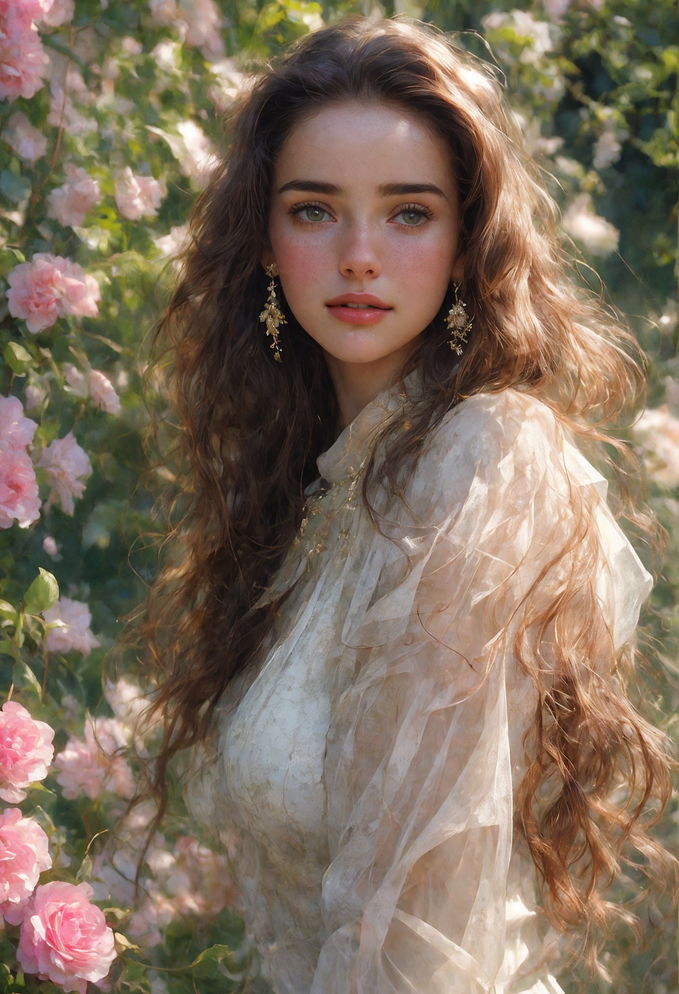  Raw, photorealistic, real, perfect skin, realistic photo of a 18-year-old girl with an extremely innocent face, divine eyes, resembling Jennifer Connelly and Ana de Armas, smooth hair, brown  tresses,   shy, embodying a gentle love goddess,   wearing full covered blouse,  l in a garden, morning, cheerful, smiling, happy, surrounded by flowers &  fairy lights, looking up, a phenomenal image of sharp, perfect quality,   captured in beautyniji style.,Photorealistic,Beautiful woman 