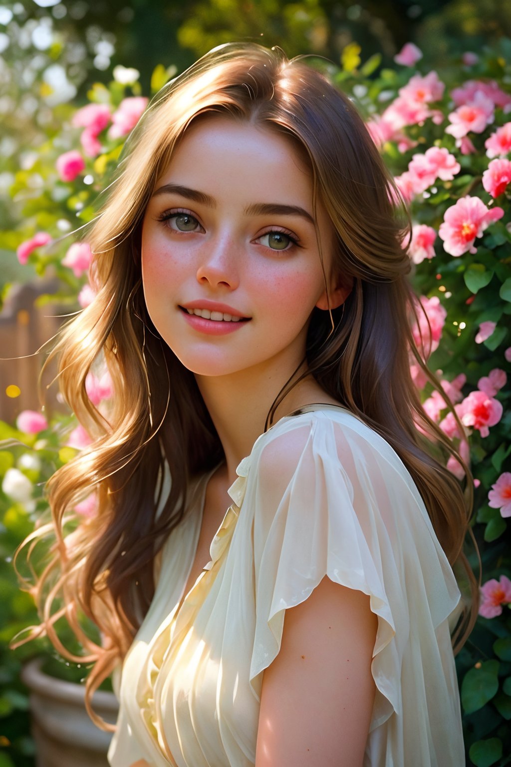  Raw, photorealistic, real, perfect skin, realistic photo of a 18-year-old girl with an extremely innocent face, divine eyes, resembling  Ana de Armas, smooth hair, brown  tresses,   shy, embodying a gentle love goddess,   wearing full covered christian blouse,  l in a garden, morning, cheerful, smiling, happy, surrounded by flowers &  fairy lights, looking up, a phenomenal image of sharp, perfect quality,   captured in beautyniji style.,Photorealistic,Beautiful woman,s_light,intense light,dramatic shadows