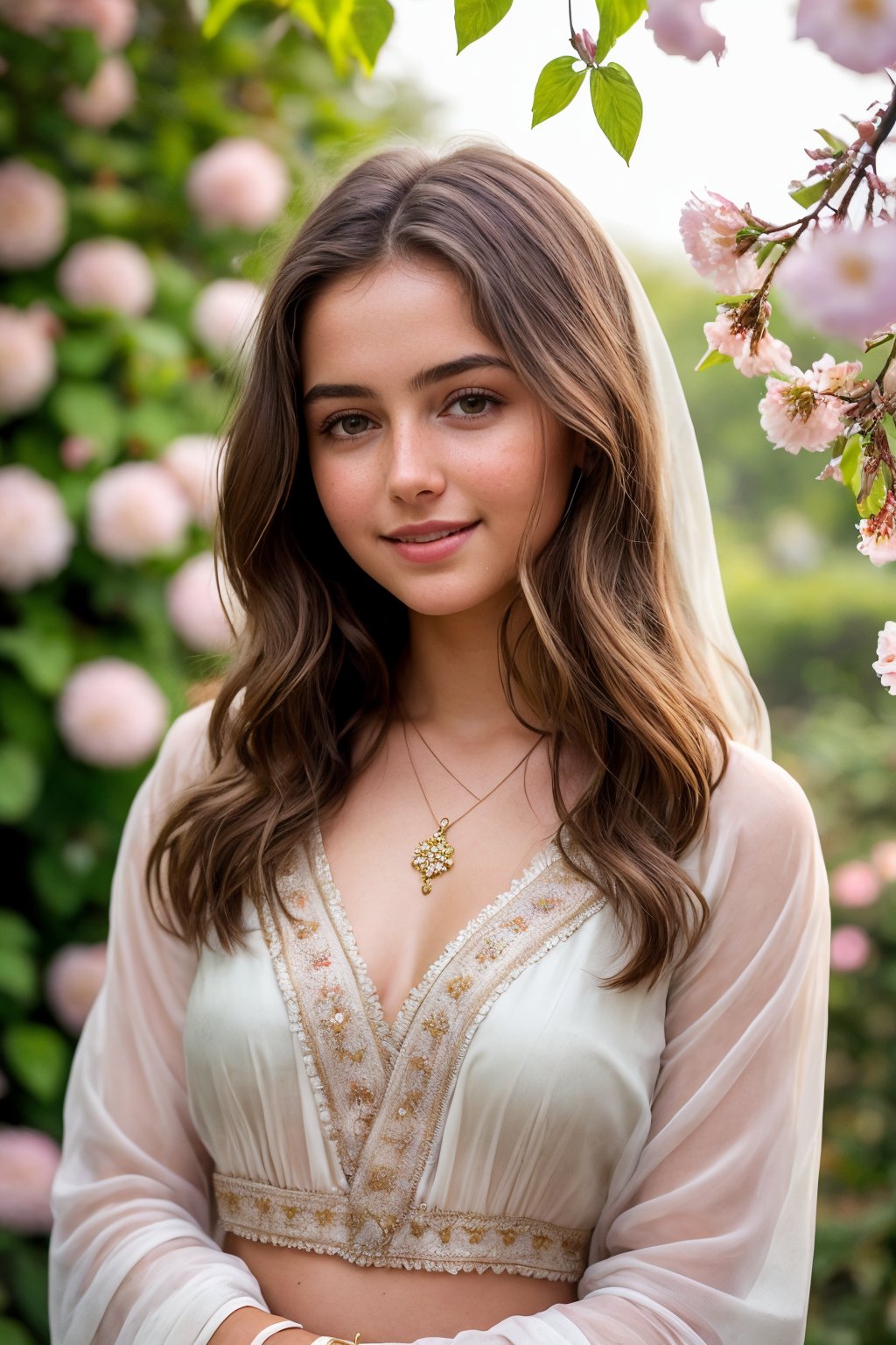  Raw, photorealistic, real, perfect skin, realistic photo of a 18-year-old girl with an extremely innocent face, divine eyes, resembling  Ana de Armas, smooth hair, brown  tresses,   shy, embodying a gentle love goddess,   wearing full covered indian blouse,  l in a garden, morning, cheerful, smiling, happy, surrounded by flowers &  fairy lights, looking up, a phenomenal image of sharp, perfect quality,   captured in beautyniji style.,Photorealistic,Beautiful woman,s_light, soft light