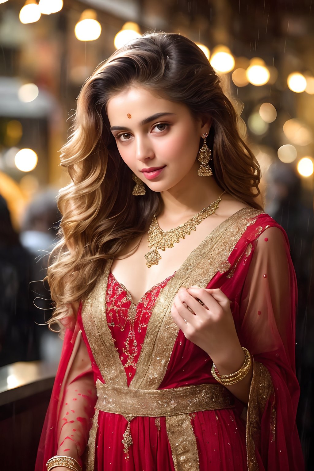 (((full body view:1.2))), stunningly beautiful "bollywood" (((extremely innocent face ))), wild hair, ((best quality)), ((masterpiece)), (detailed), ana de armas, highly detailed HDR photo, 8k quality, best quality, high resolution ultra photorealistic, high definition, highly detailed photo, photon mapping, dynamic angle, professional lighting, highly detailed face and body,expressive eyes, perfectly detailed face, smile, gorgeous face, real skin details, soft skin, looking at viewer, raw, photorealistic, real, perfect skin, real skin, realistic photo of a mid body shot, , extremely innocent face, very beautiful, cheerful, laughing, clever naughty smile, , she is wearing a loose red color gown, she smile like gentle love goddess, very long tresses, golden hair, brown hair, expressive face, divine eyes,, Wide-angle view of a pretty fashion model looking at the camera, expressing a complaint as if it's our fault, sad and thoughtful, sipping coffee in a dark, cozy coffee shop with rain outside, vibrant ambience, lively atmosphere, adorned with fairy lights and candles, captured in photorealistic detail with real skin textures, soft lighting, and presented as an absurdres masterpiece.