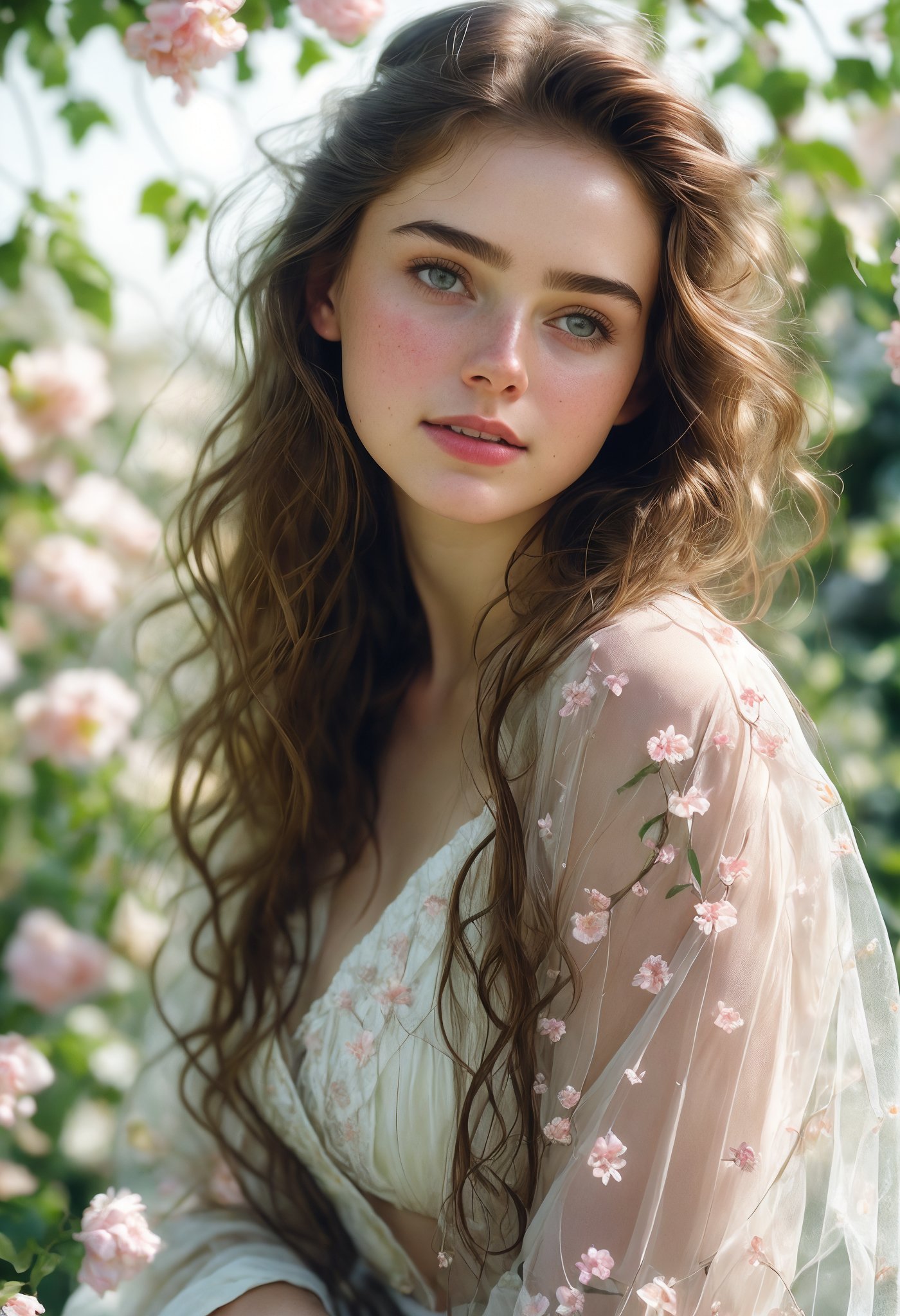  Raw, photorealistic, real, perfect skin, realistic photo of a 16-year-old girl with an extremely innocent face, divine eyes, resembling Jennifer Connelly and Ana de Armas, smooth hair, brown  tresses,   shy, embodying a gentle love goddess,   wearing full covered blouse,  l in a garden, morning, cheerful, smiling, happy, surrounded by flowers &  fairy lights, looking up, a phenomenal image of sharp, perfect quality,   captured in beautyniji style.,Photorealistic,Beautiful woman 