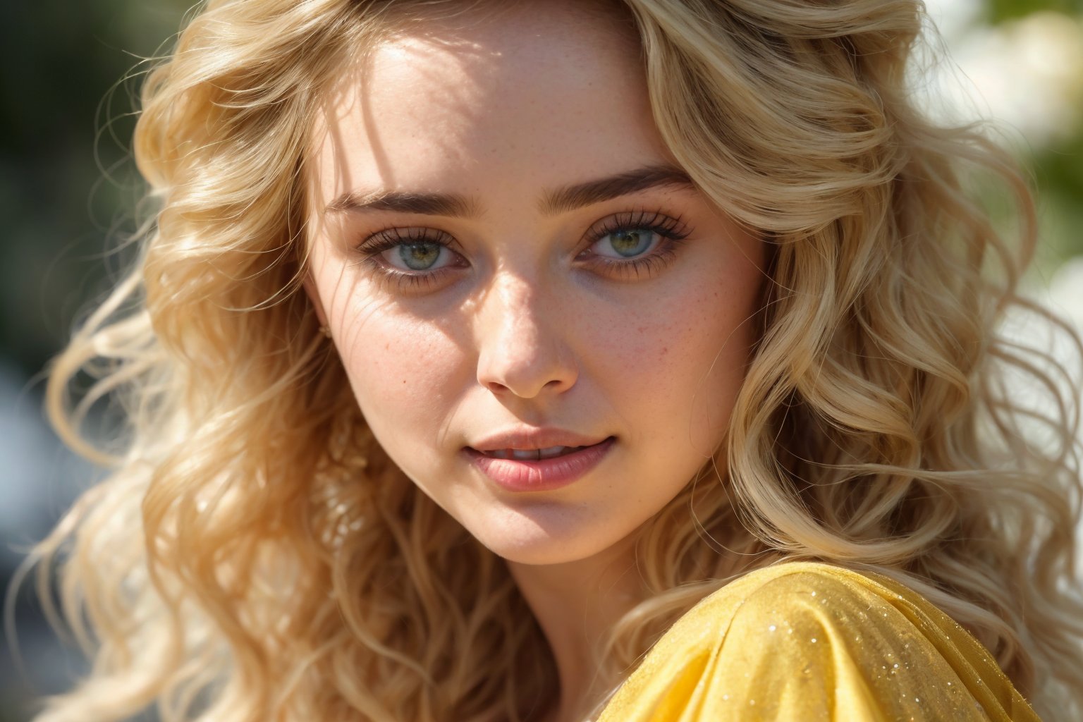  

A close-up shot of Ana de Armas' stunningly beautiful face, radiating innocence and divinity. Her blonde hair cascades down her smooth, highly detailed skin, with eyes that sparkle like gemstones. She wears a loose orange-yellow gown, her smile gentle as she gazes directly at the viewer, exuding warmth and love.

