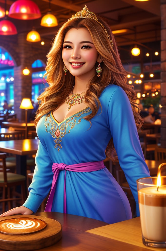 A beautiful goddess smiling, sipping coffee in a cozy coffee shop, vibrant ambience, lively atmosphere, adorned with fairy lights and candles, captured by an award-winning photographer in 8k resolution.