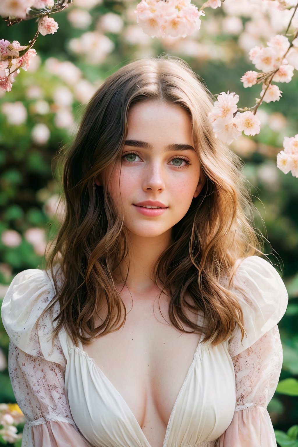   Raw, photorealistic, real, perfect skin, realistic photo of a 18-year-old girl with an extremely innocent face, divine eyes, resembling Jennifer Connelly and Ana de Armas, smooth hair, brown  tresses,   shy, embodying a gentle love goddess,   wearing full covered  blouse,  l in a garden, morning, cheerful, smiling, happy, surrounded by flowers & fairy lights, looking up, a phenomenal image of sharp, perfect quality,   captured in beautyniji style.,Photorealistic,Beautiful woman 