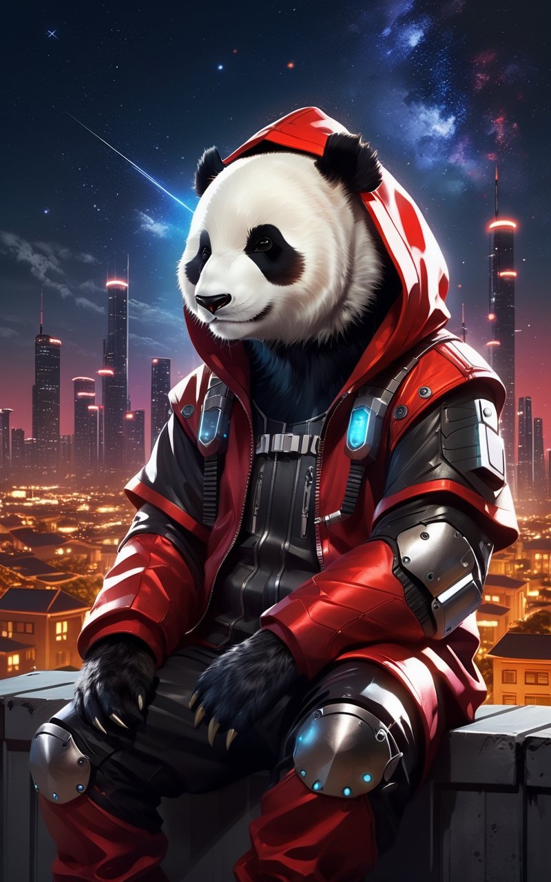 breathtaking, a cyborg anthropomorphic giant panda male furry is sitting solo on rooftop, He has very fluffy fur on cheek and animal head, mechanical arms and hands, mechanical legs and boots, He wears a short sleeves red hoodie with both proud and serious on his face, His eyes are black and shine and looking afar, city below, backlighting, night, moonlight, starry sky, shooting star, constellation, realistic, illustration, cyberpunk, science fiction, medium shot, dutch angle, award-winning, professional, highly detailed