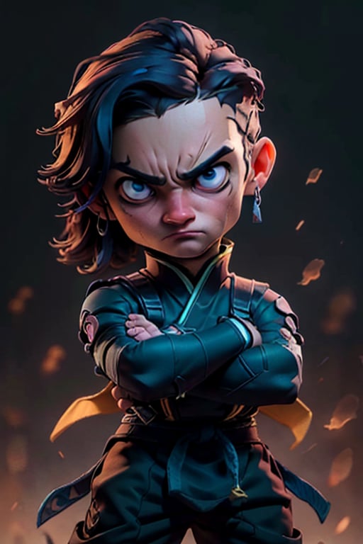 Masterpiece, best quality, caricature, chibi, boy, (20 years), purple ninja uniform, blue eyes, big eyes, angry face, looking-at-viewer, cinematic illumination, light studio, morning sky, village background, (traditional ninja clothes), (orange outfit), dark blue accessories, intricate details.,shkaristyle