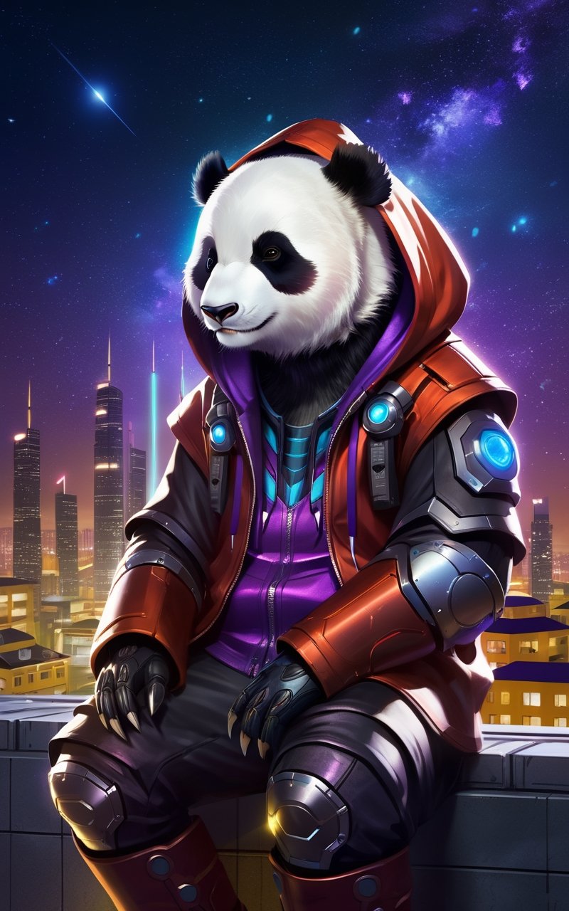 breathtaking, a cyborg anthropomorphic giant panda male furry is sitting solo on rooftop, He has very fluffy fur on cheek and animal head, mechanical arms and hands, mechanical legs and boots, He wears a short sleeved purple hoodie with both proud and serious on his face, His eyes are black and shine and looking afar, city below, backlighting, night, moonlight, starry sky, shooting star, constellation, realistic, illustration, cyberpunk, science fiction, medium shot, dutch angle, award-winning, professional, highly detailed