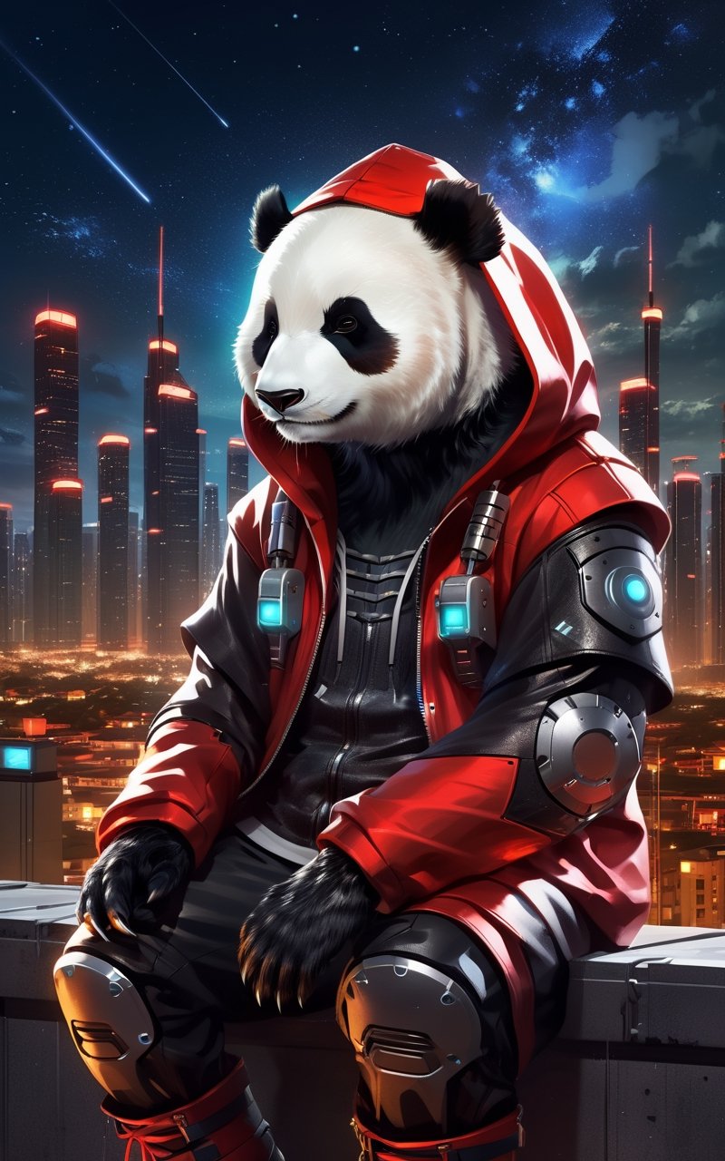 breathtaking, a cyborg anthropomorphic giant panda male furry is sitting solo on rooftop, He has very fluffy fur on cheek and animal head, mechanical arms and hands, mechanical legs and boots, He wears a short sleeves red hoodie with both proud and serious on his face, His eyes are black and shine and looking afar, city below, backlighting, night, moonlight, starry sky, shooting star, constellation, realistic, illustration, cyberpunk, science fiction, medium shot, dutch angle, award-winning, professional, highly detailed