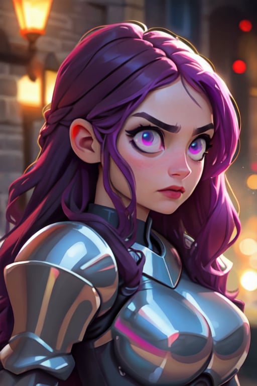 (helicopter angle: 1.5) , upper body, award winning upper body portrait, (detailed face), (beautiful detailed eyes:1.2), | solo, cold eyes, serious, knight woman, long wavy hairstyle, dark purple hair color, light purple eyes, (golden knight tight armor), symetrical and detailed armor, | fantasy town, medieval, european street, | bokeh, depht of field, | hyperealistic shadows, smooth detailed, blurred background,
