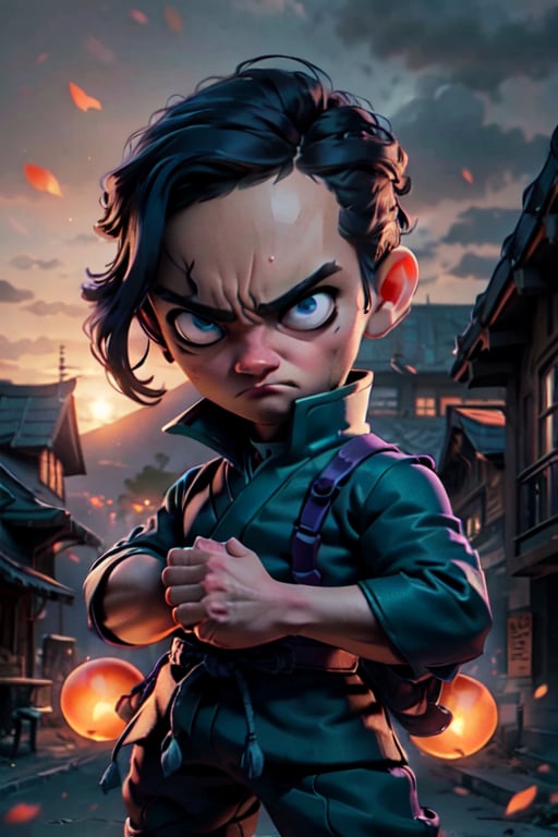 Masterpiece, best quality, caricature, chibi, boy, (20 years), purple ninja uniform, blue eyes, big eyes, angry face, looking-at-viewer, cinematic illumination, light studio, morning sky, village background, (traditional ninja clothes), (orange outfit), dark blue accessories, intricate details.,shkaristyle