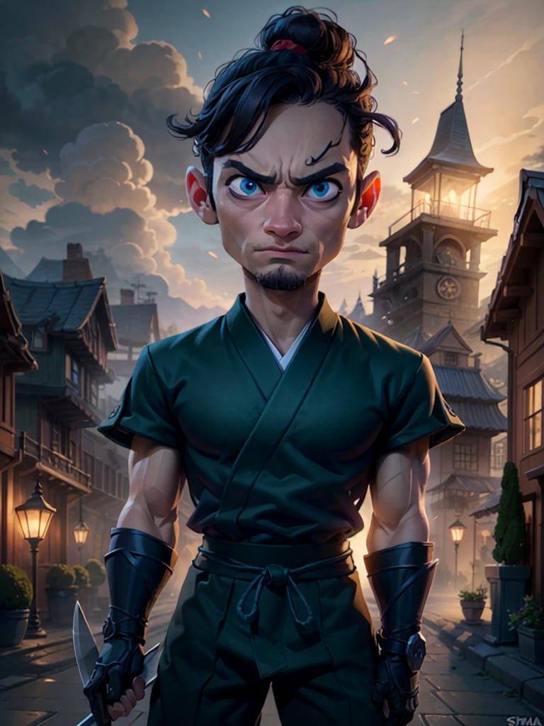Masterpiece, best quality, caricature, chibi, boy, (20 years), purple ninja uniform, blue eyes, big eyes, angry face, looking-at-viewer, cinematic illumination, light studio, morning sky, village background, (traditional ninja clothes), (orange outfit), dark blue accessories, intricate details.,shkaristyle