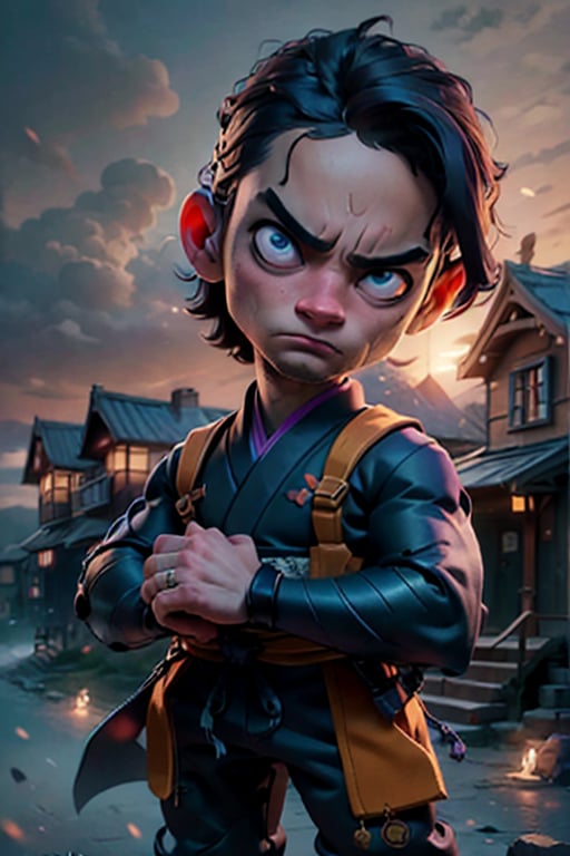 Masterpiece, best quality, caricature, chibi, boy, (20 years), purple ninja uniform, blue eyes, big eyes, angry face, looking-at-viewer, cinematic illumination, light studio, morning sky, village background, (traditional ninja clothes), (orange outfit), dark blue accessories, intricate details.,shkaristyle