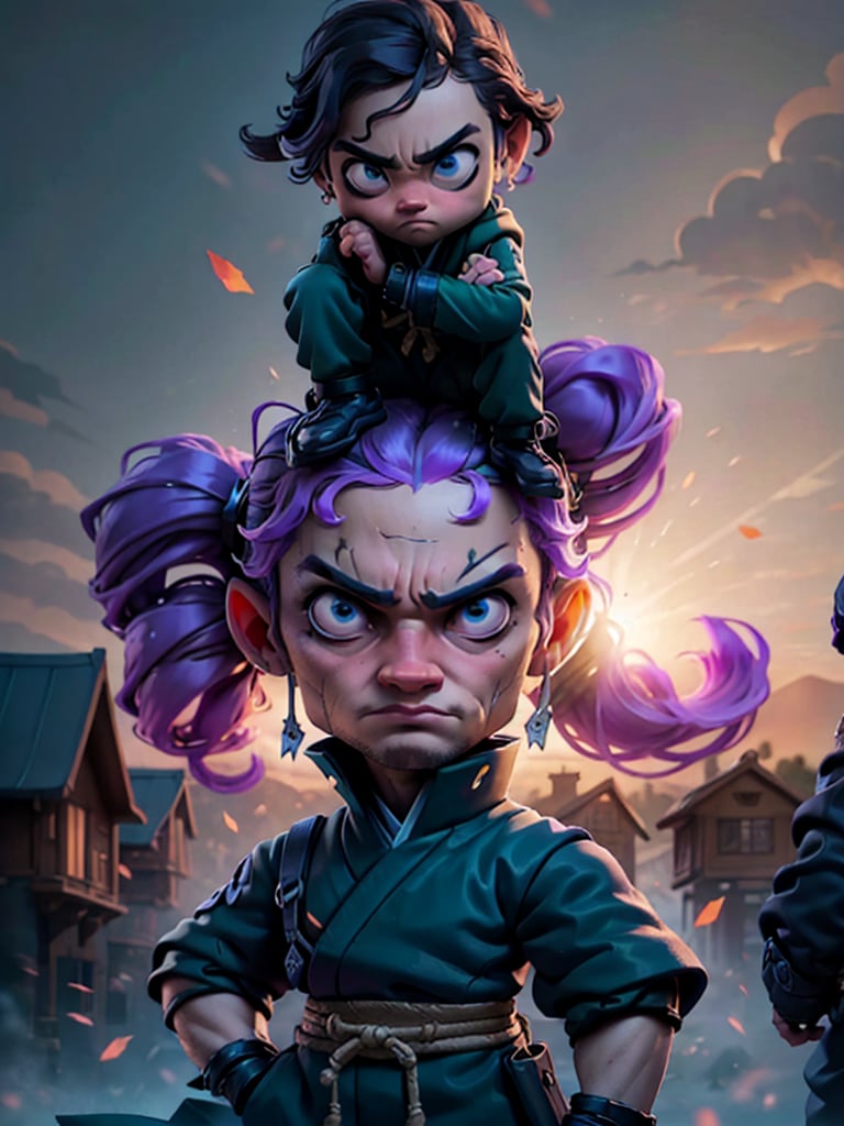 Masterpiece, best quality, caricature, chibi, boy, (20 years), purple ninja uniform, blue eyes, big eyes, angry face, looking-at-viewer, cinematic illumination, light studio, morning sky, village background, (traditional ninja clothes), (orange outfit), dark blue accessories, intricate details.,shkaristyle